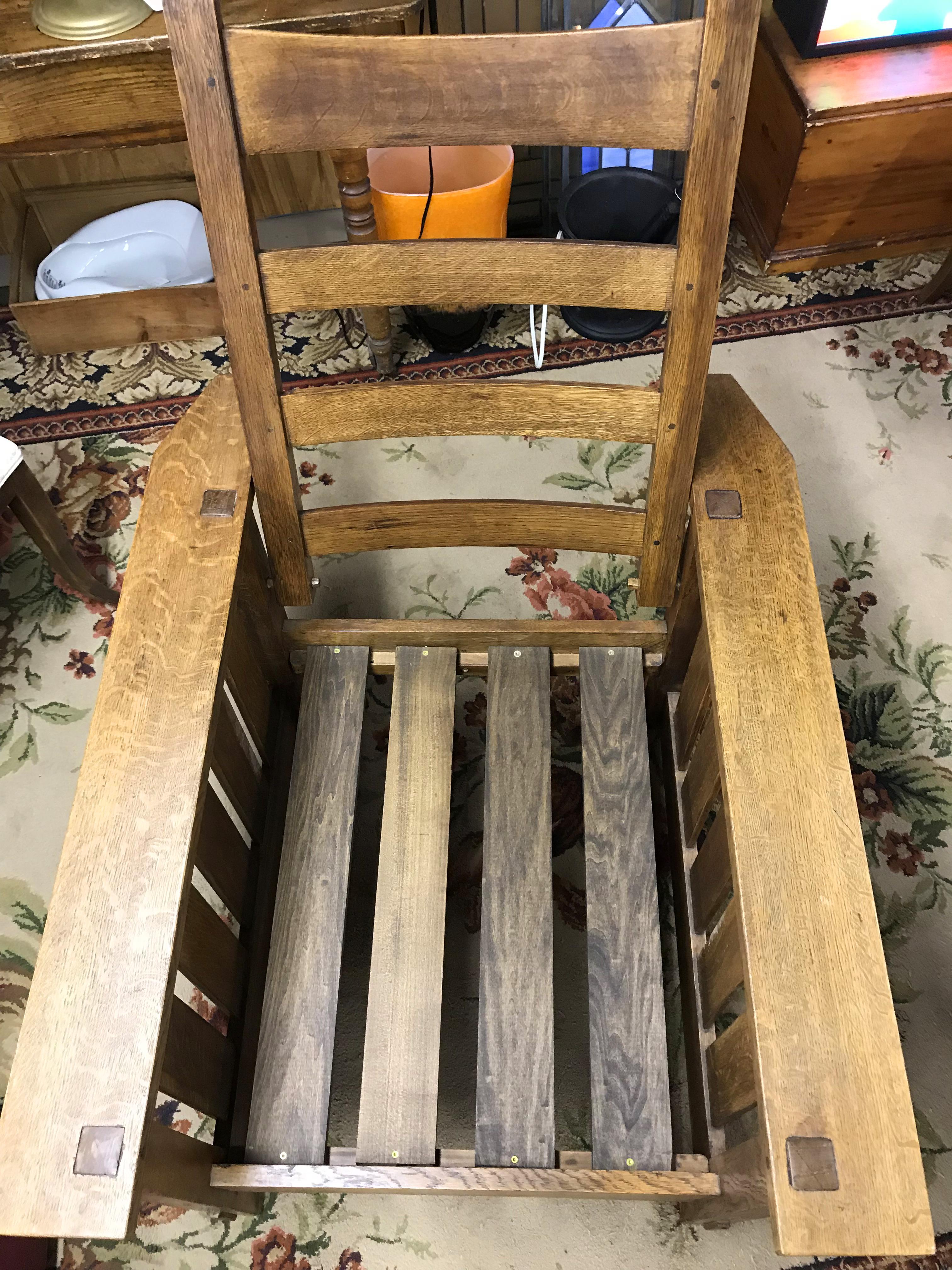 American Signed Stickley Oak Mission Morris Chair with Leather Pad Upholstery
