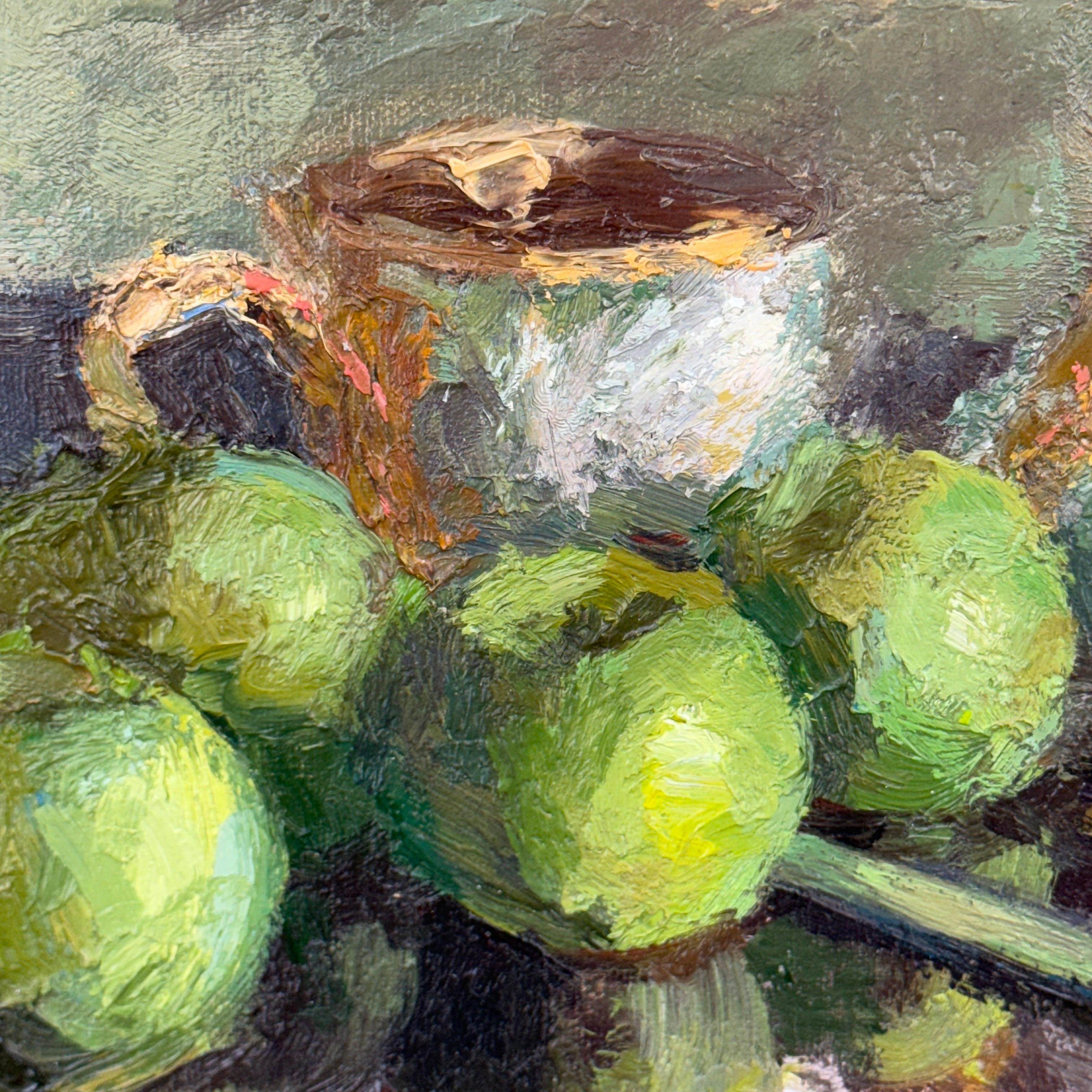 Nature morte à l'huile signée Pommes vertes sur toile dans un cadre doré en vente 3