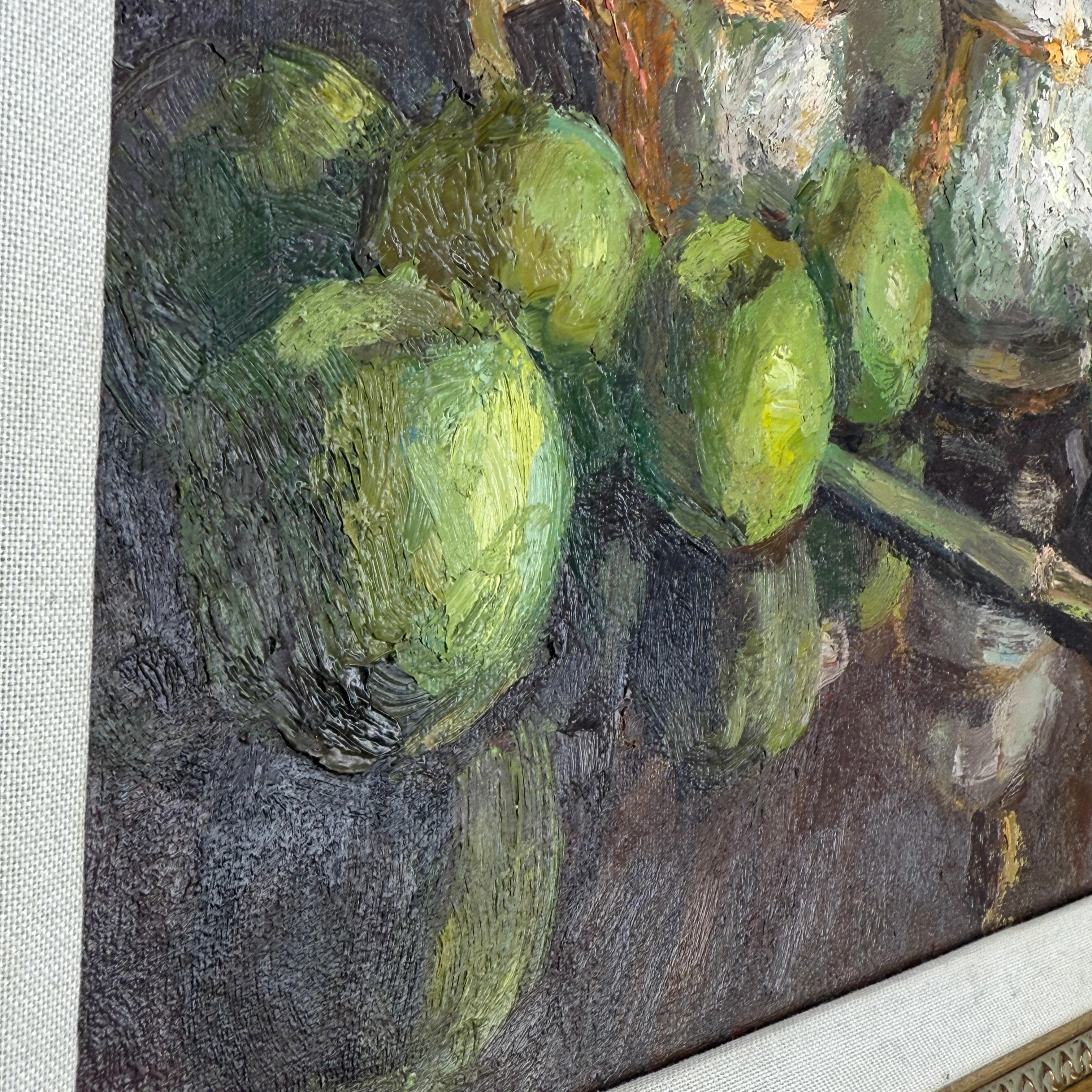 Nature morte à l'huile signée Pommes vertes sur toile dans un cadre doré en vente 5