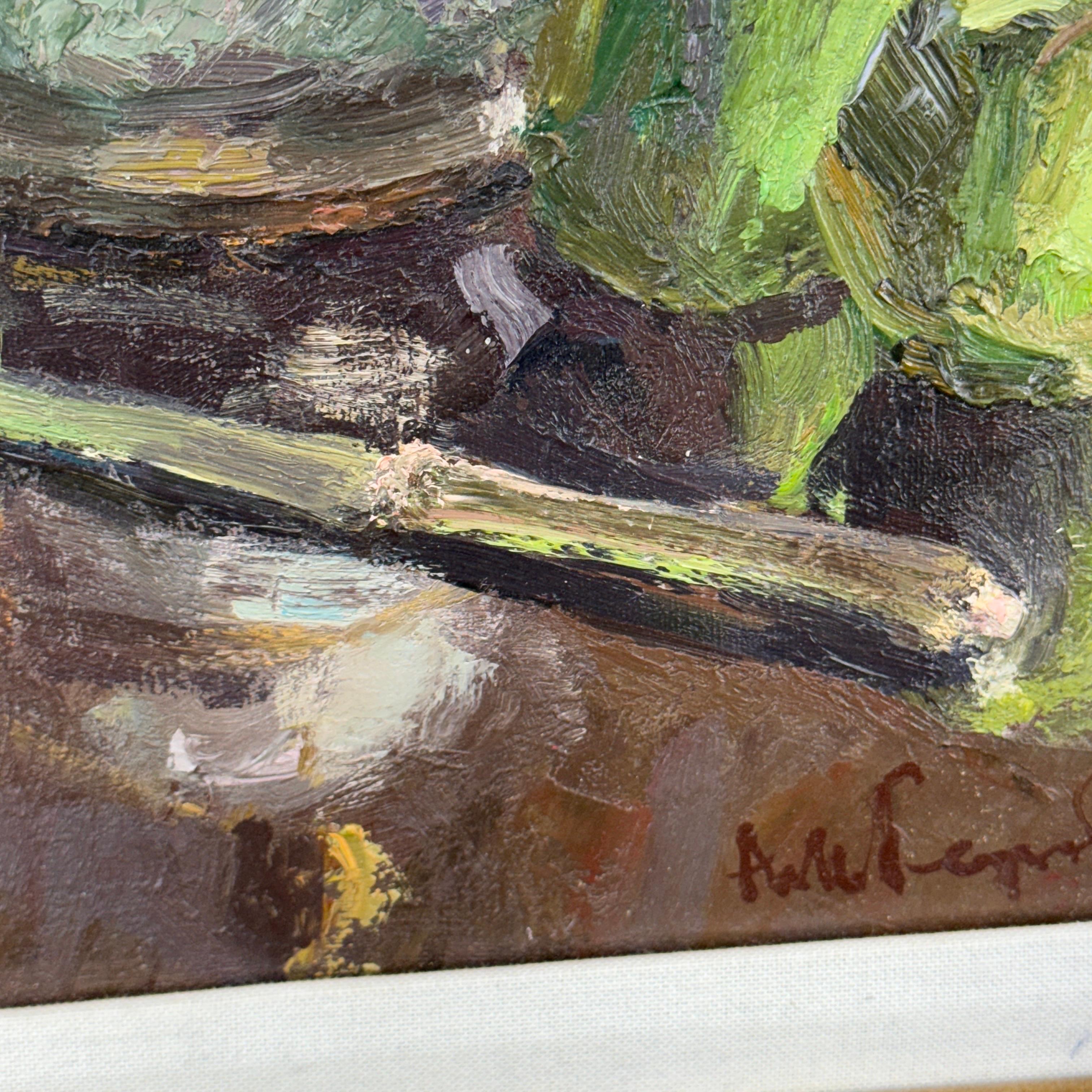 Nature morte à l'huile signée Pommes vertes sur toile dans un cadre doré en vente 6