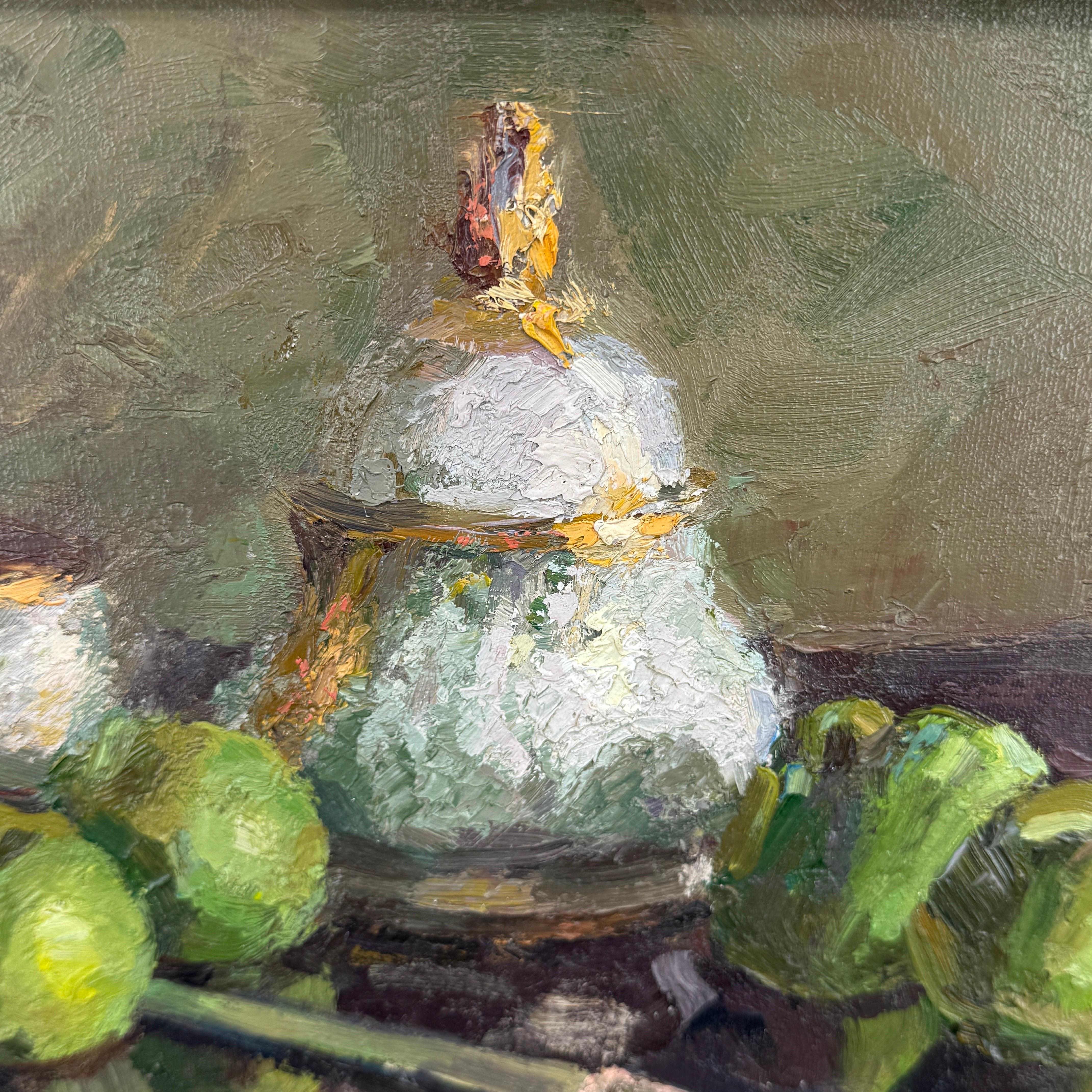 Nature morte à l'huile signée Pommes vertes sur toile dans un cadre doré en vente 9