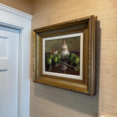 Signed Still Life Oil Green Apples on Canvas Painting in Gilt Frame