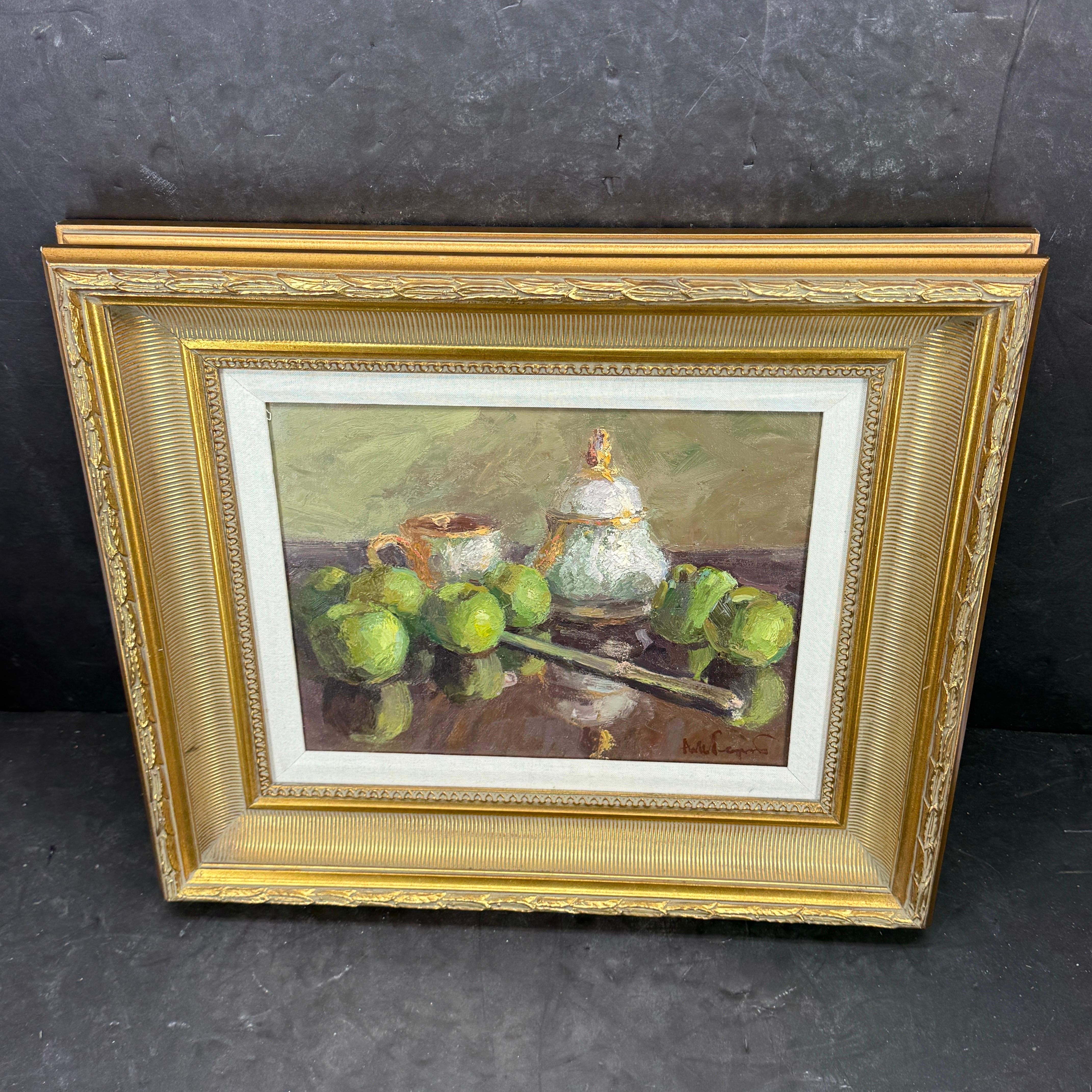 Fait main Nature morte à l'huile signée Pommes vertes sur toile dans un cadre doré en vente