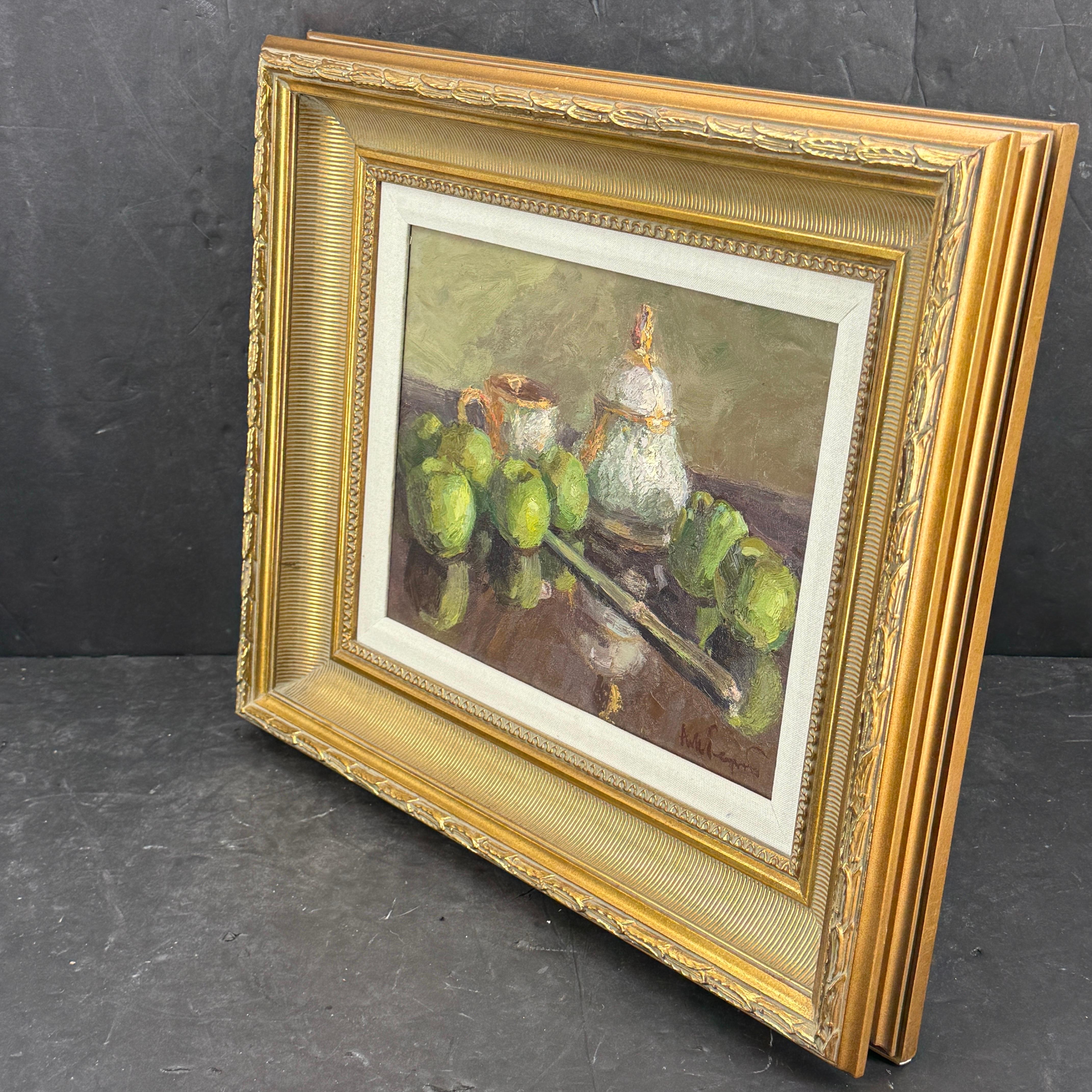Nature morte à l'huile signée Pommes vertes sur toile dans un cadre doré Bon état - En vente à Haddonfield, NJ