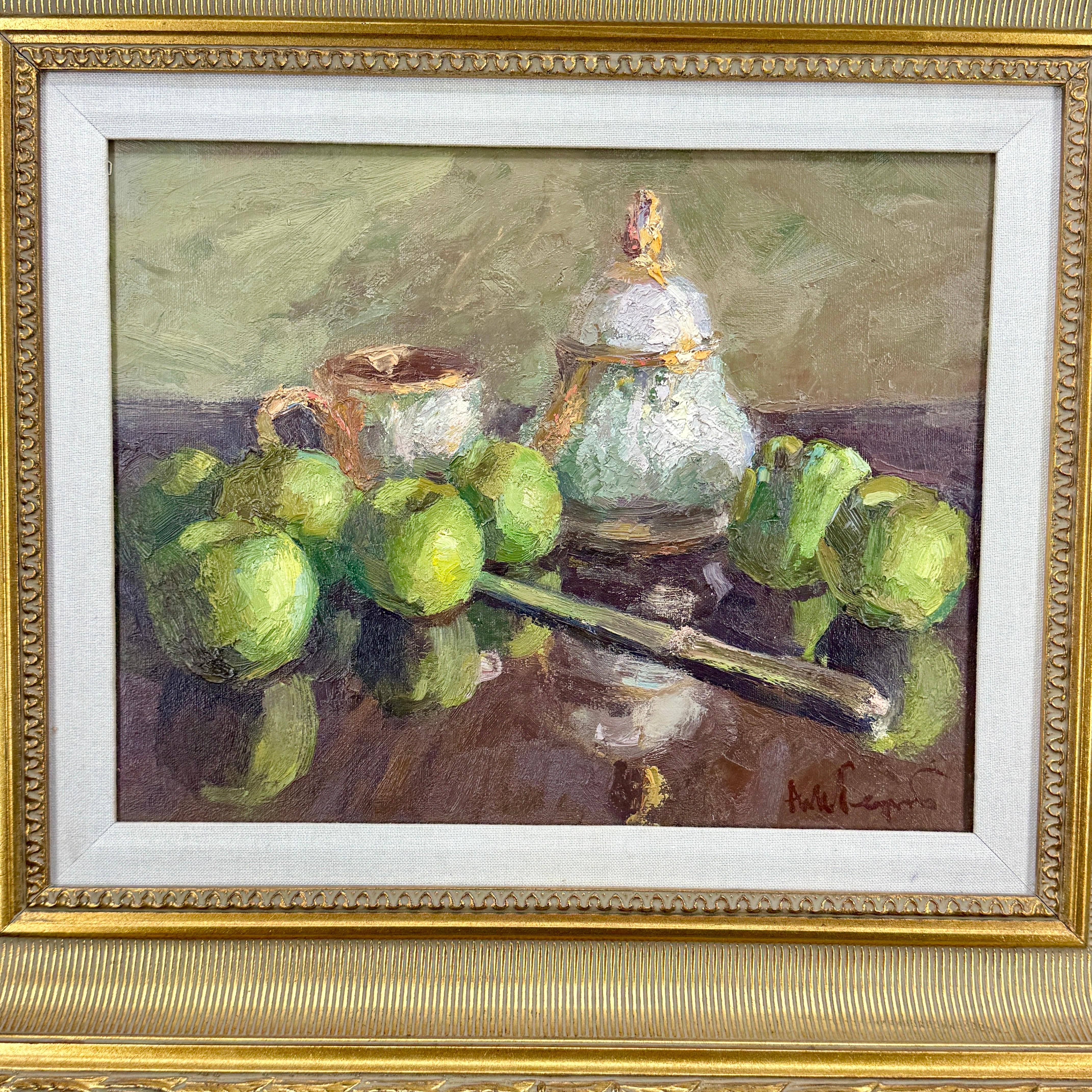 Toile Nature morte à l'huile signée Pommes vertes sur toile dans un cadre doré en vente