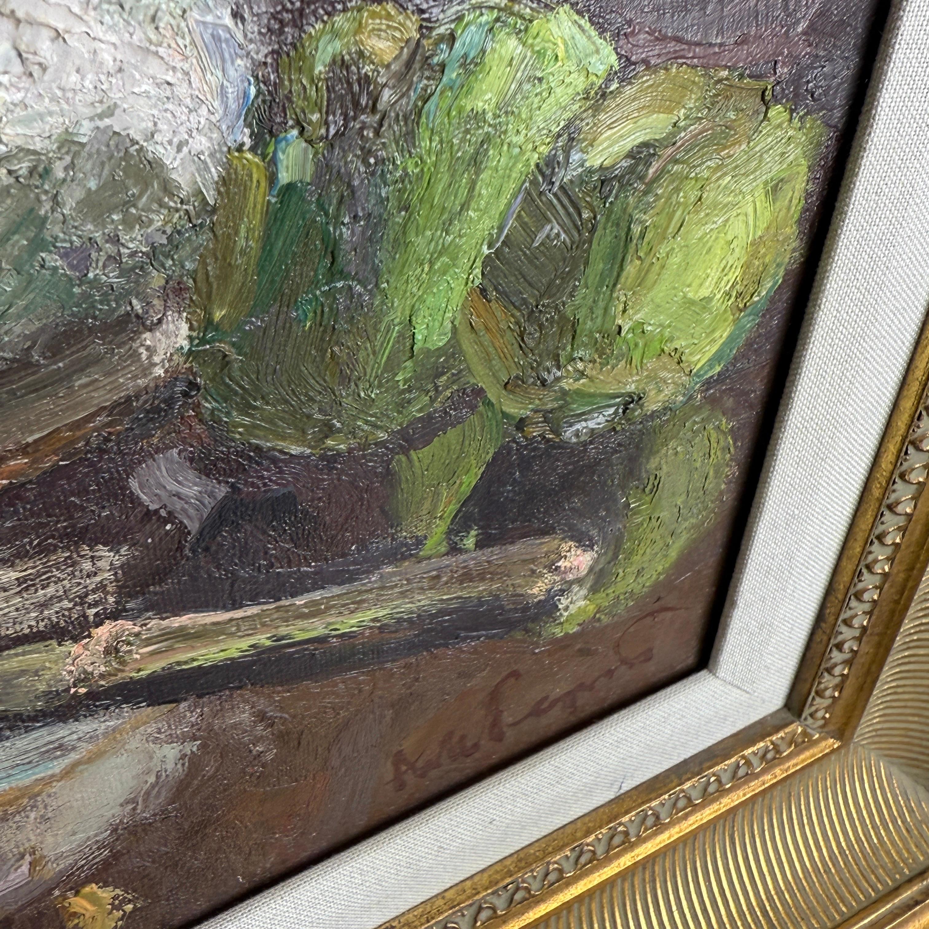 Nature morte à l'huile signée Pommes vertes sur toile dans un cadre doré en vente 1