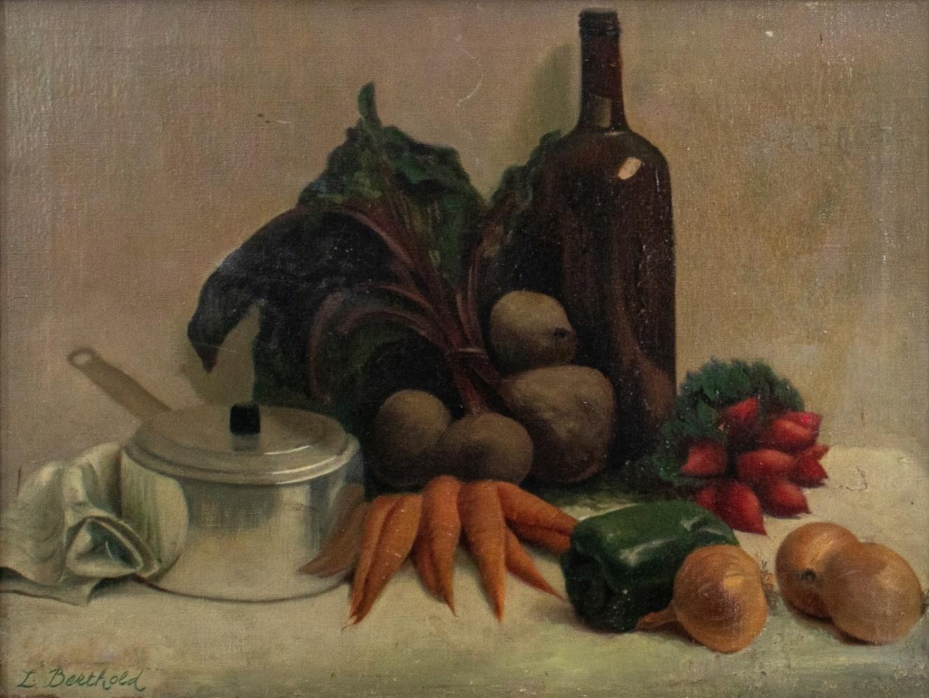 Realistic still life oil on canvas painting depicting onions, beets, onions, carrots, a pot, a bottle of red wine, and a green pepper, signed 