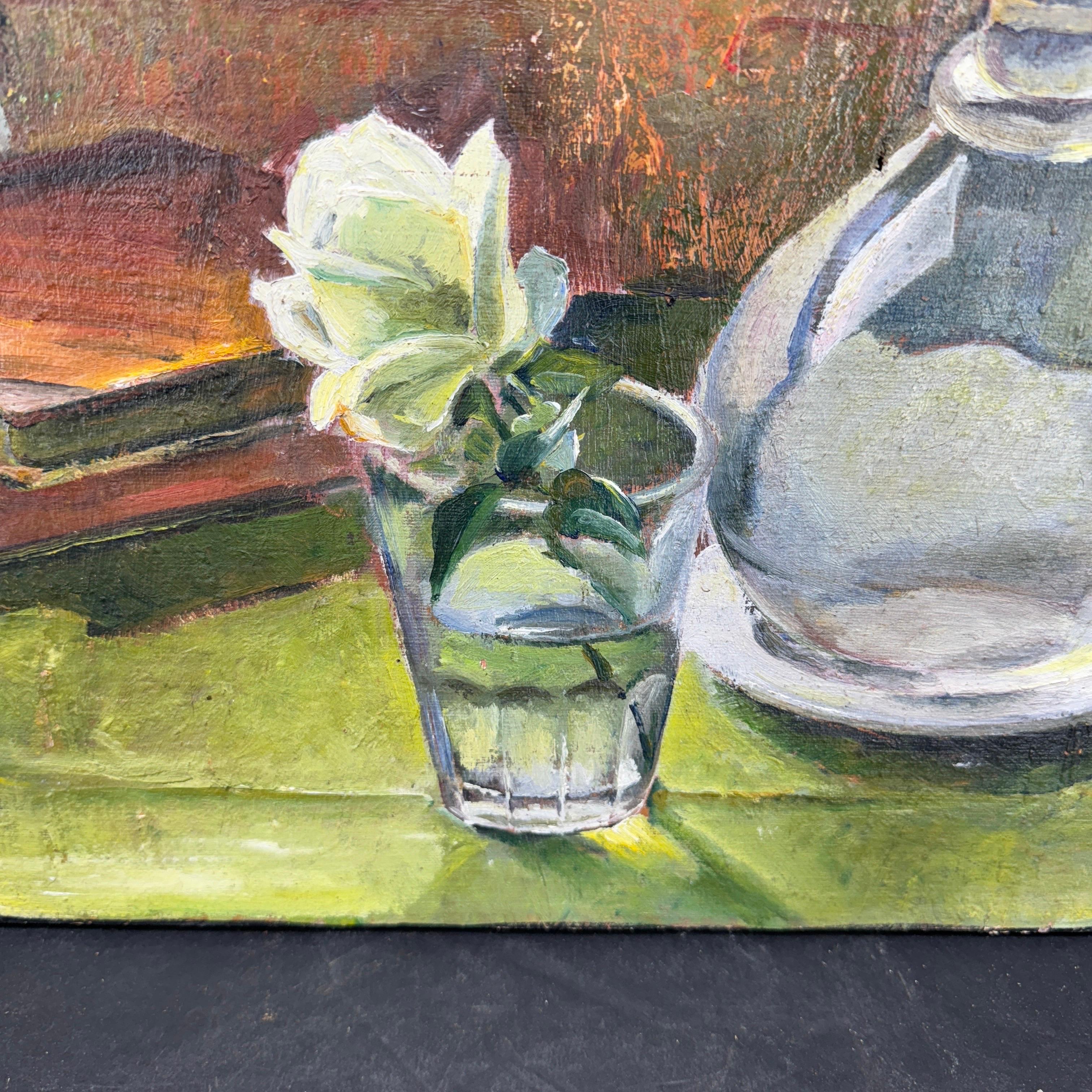 Signed Still-Life Oil on Canvas Painting Books Rose, Denmark For Sale 7