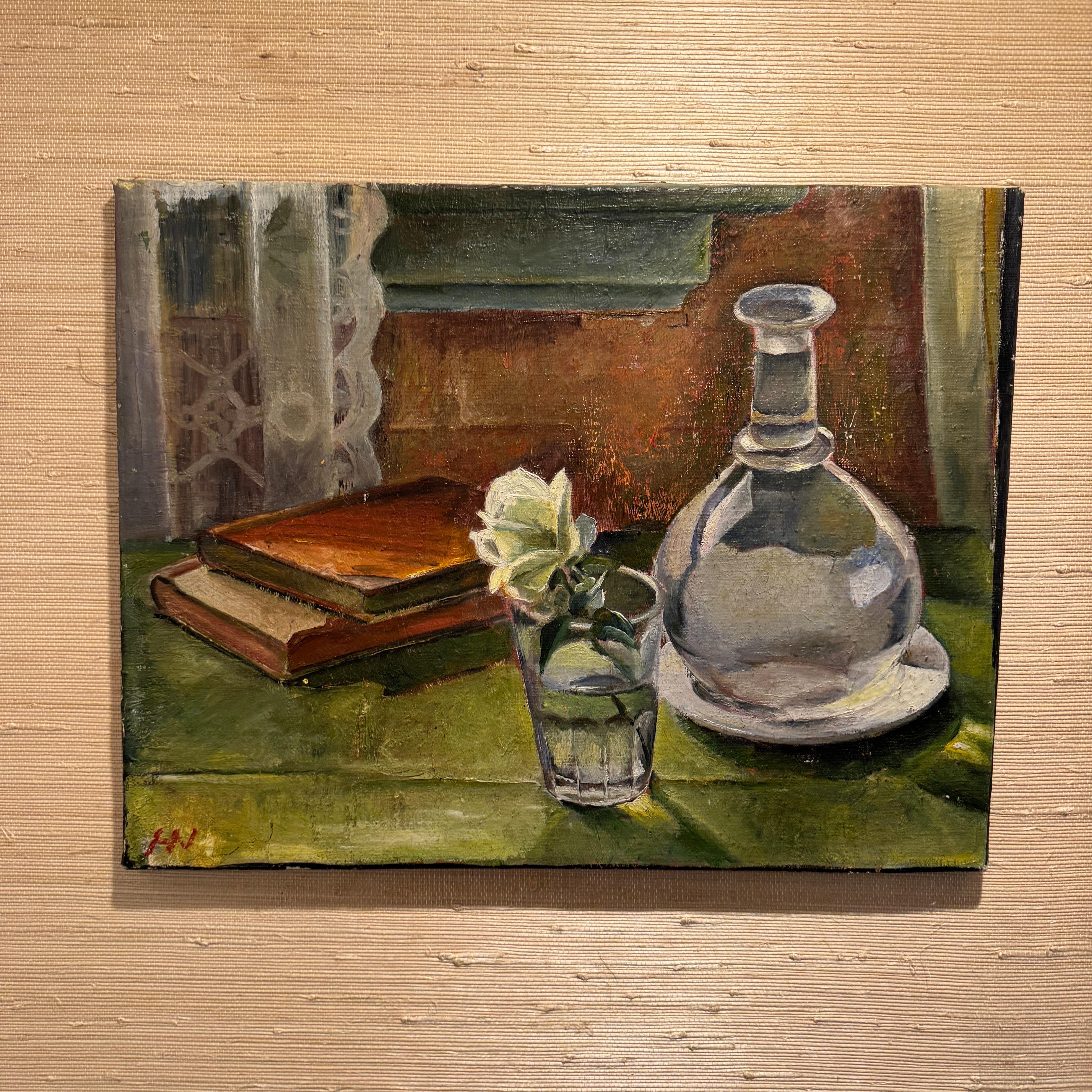 Signed Still-Life Oil on Canvas Painting Books Rose, Denmark For Sale 11