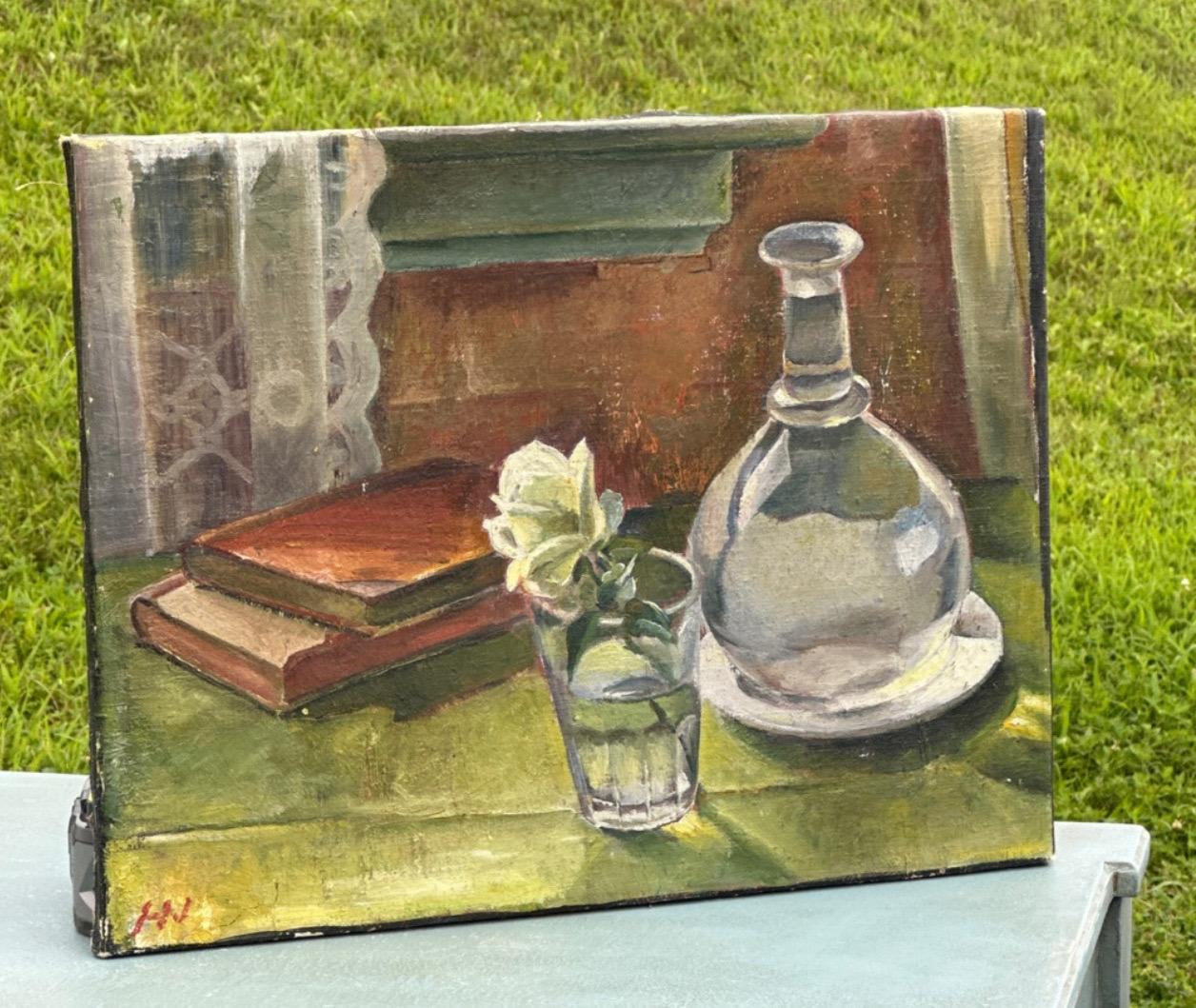 Mid-Century Modern Signed Still-Life Oil on Canvas Painting Books Rose, Denmark For Sale