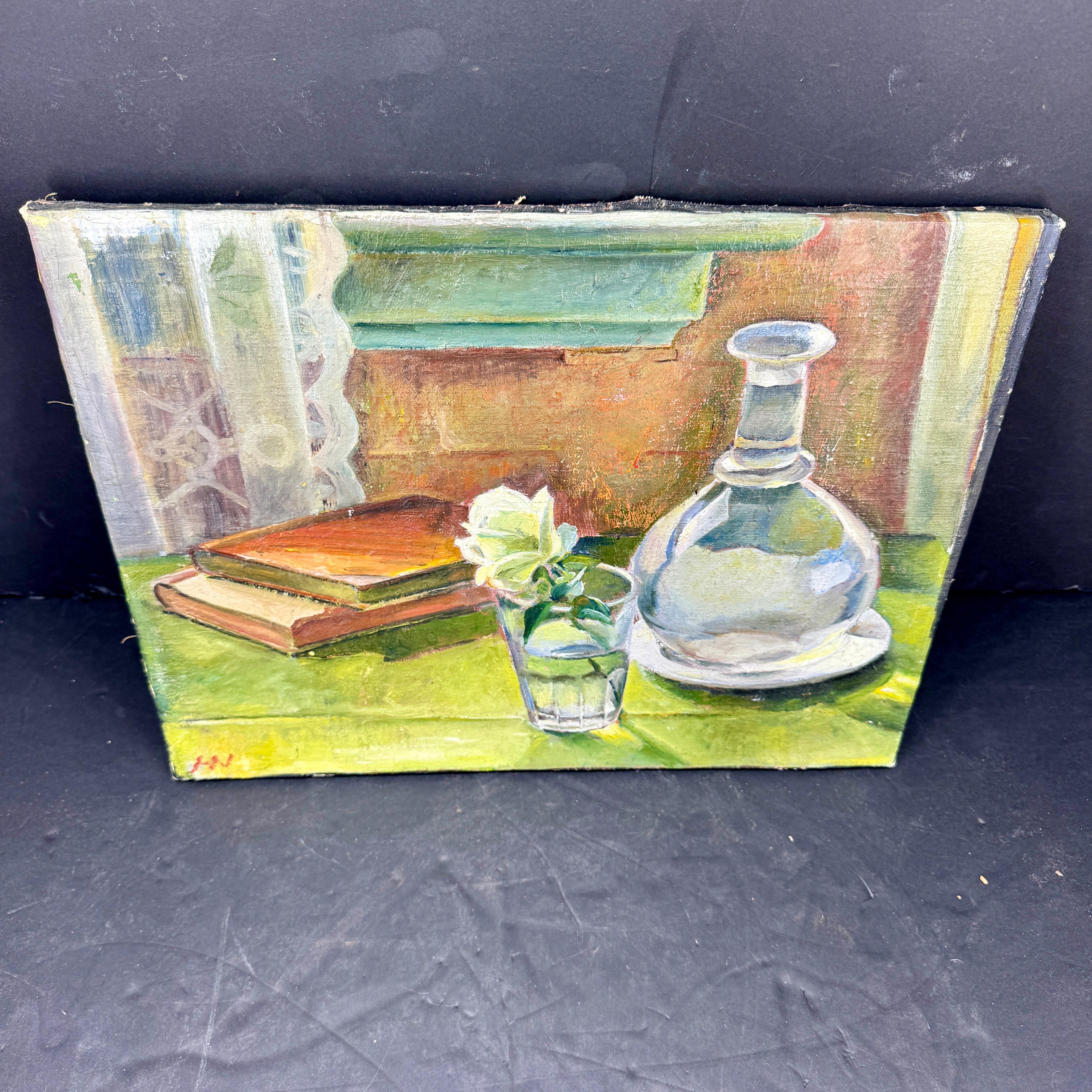 Danish Signed Still-Life Oil on Canvas Painting Books Rose, Denmark For Sale