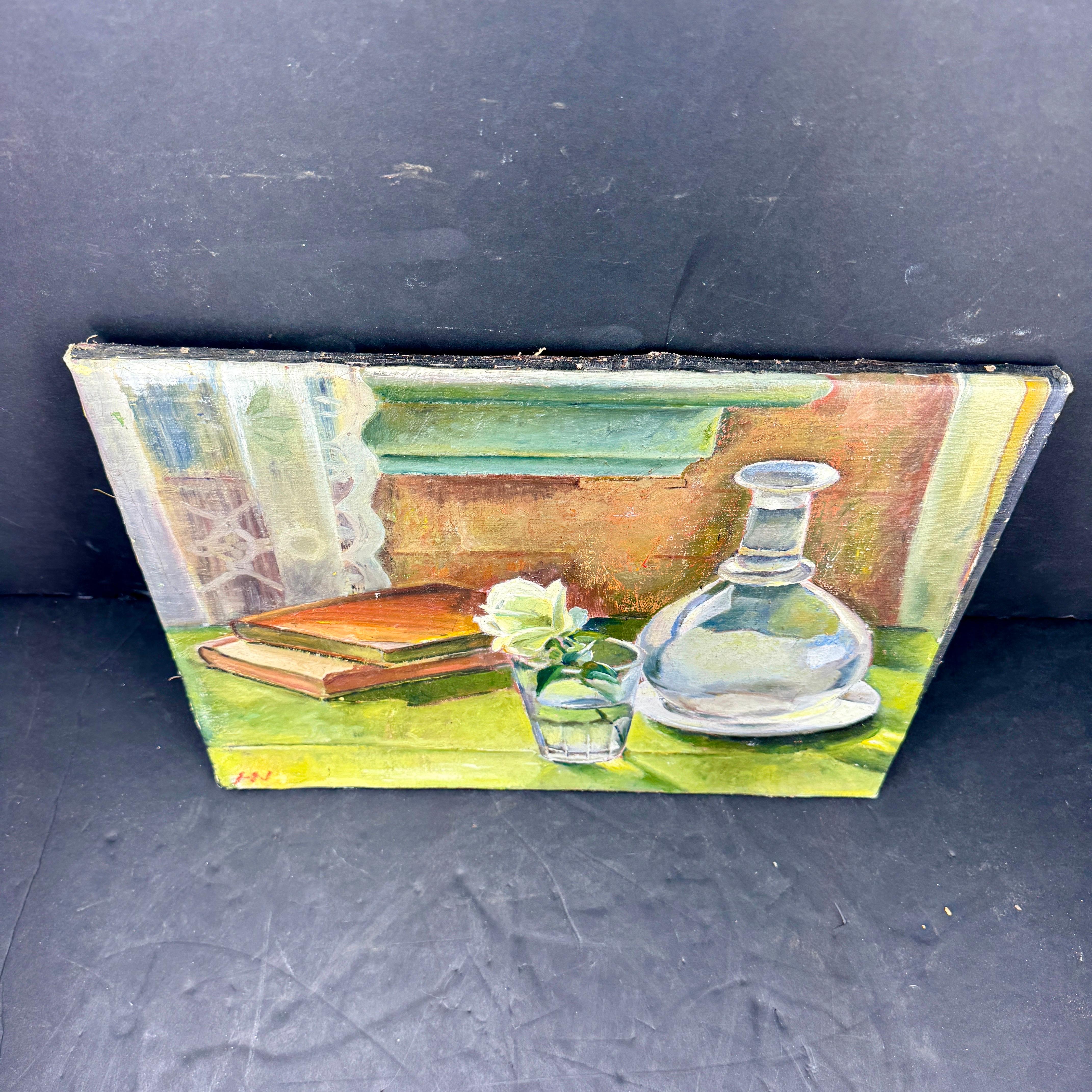 Hand-Crafted Signed Still-Life Oil on Canvas Painting Books Rose, Denmark For Sale