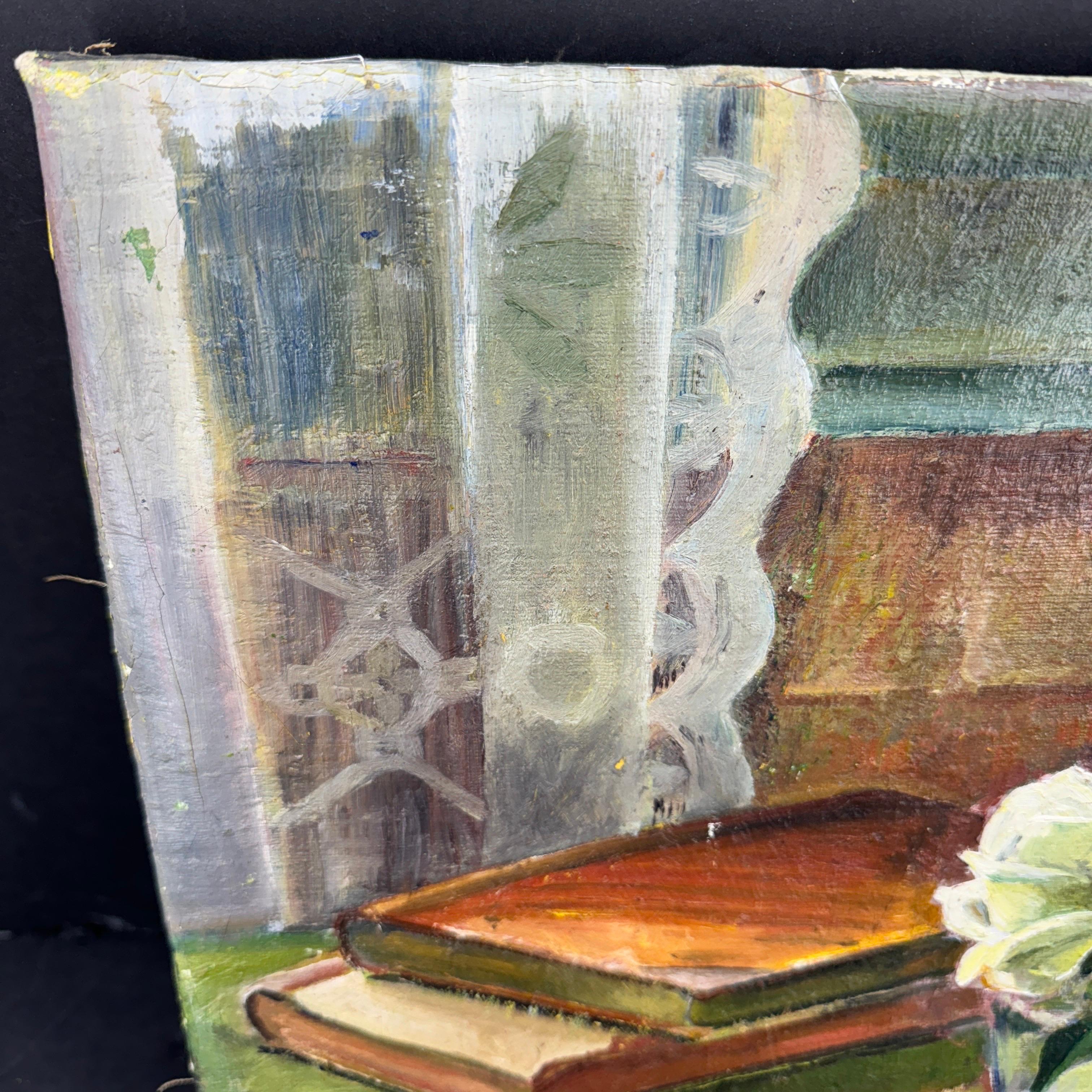 Signed Still-Life Oil on Canvas Painting Books Rose, Denmark In Good Condition For Sale In Haddonfield, NJ