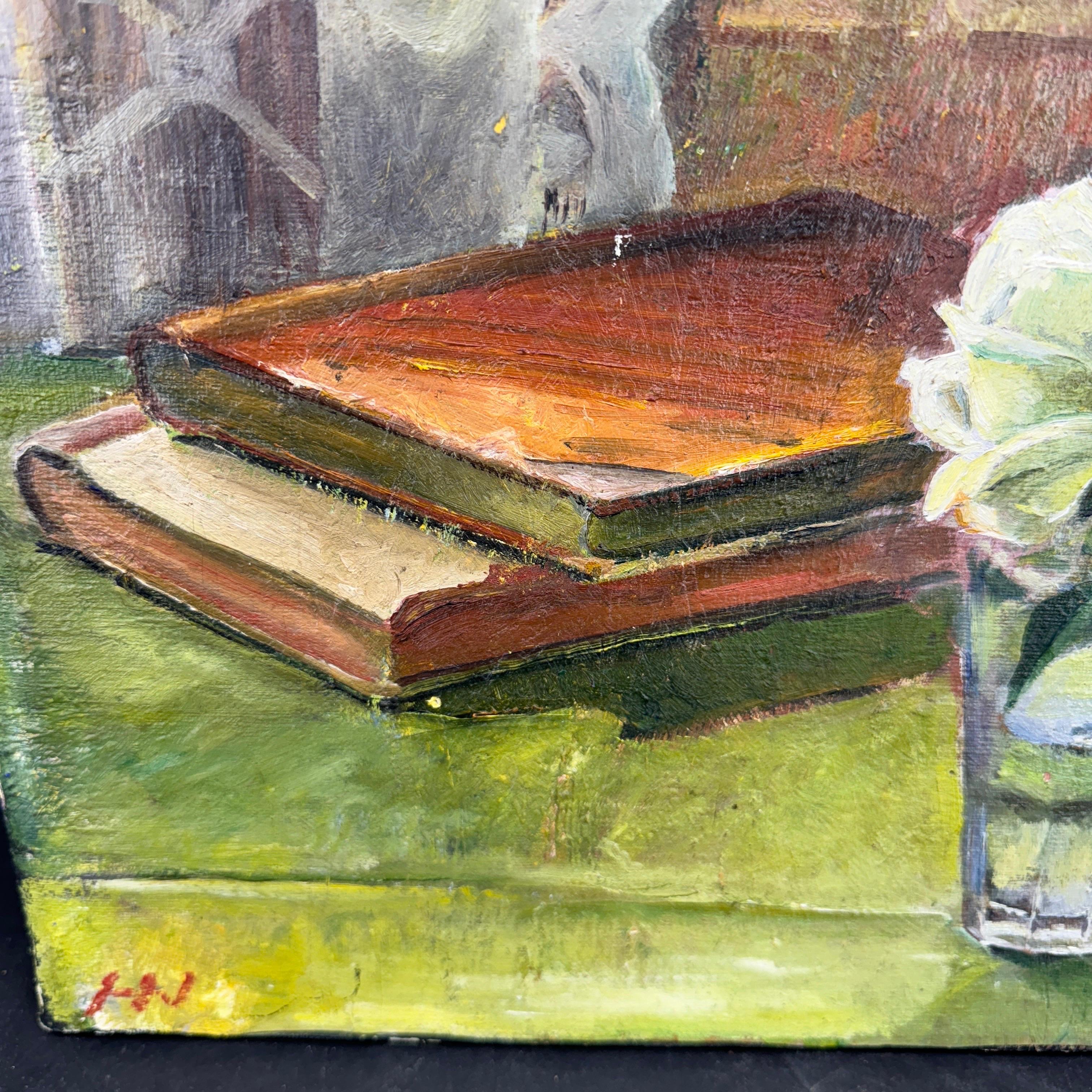 Signed Still-Life Oil on Canvas Painting Books Rose, Denmark For Sale 1