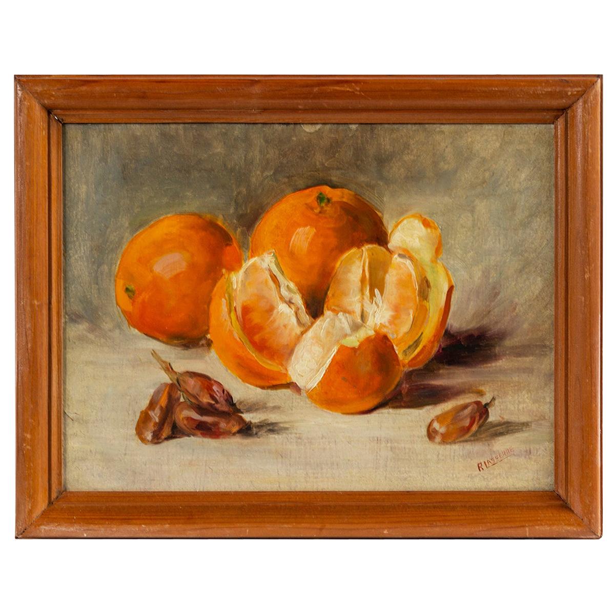 Signed Still Life Painting of Oranges and Dates, Oil on Board For Sale