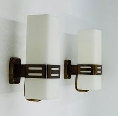 Signed Stilnovo Opaline Glass and Brass Wall Sconces, Italy, 1960s