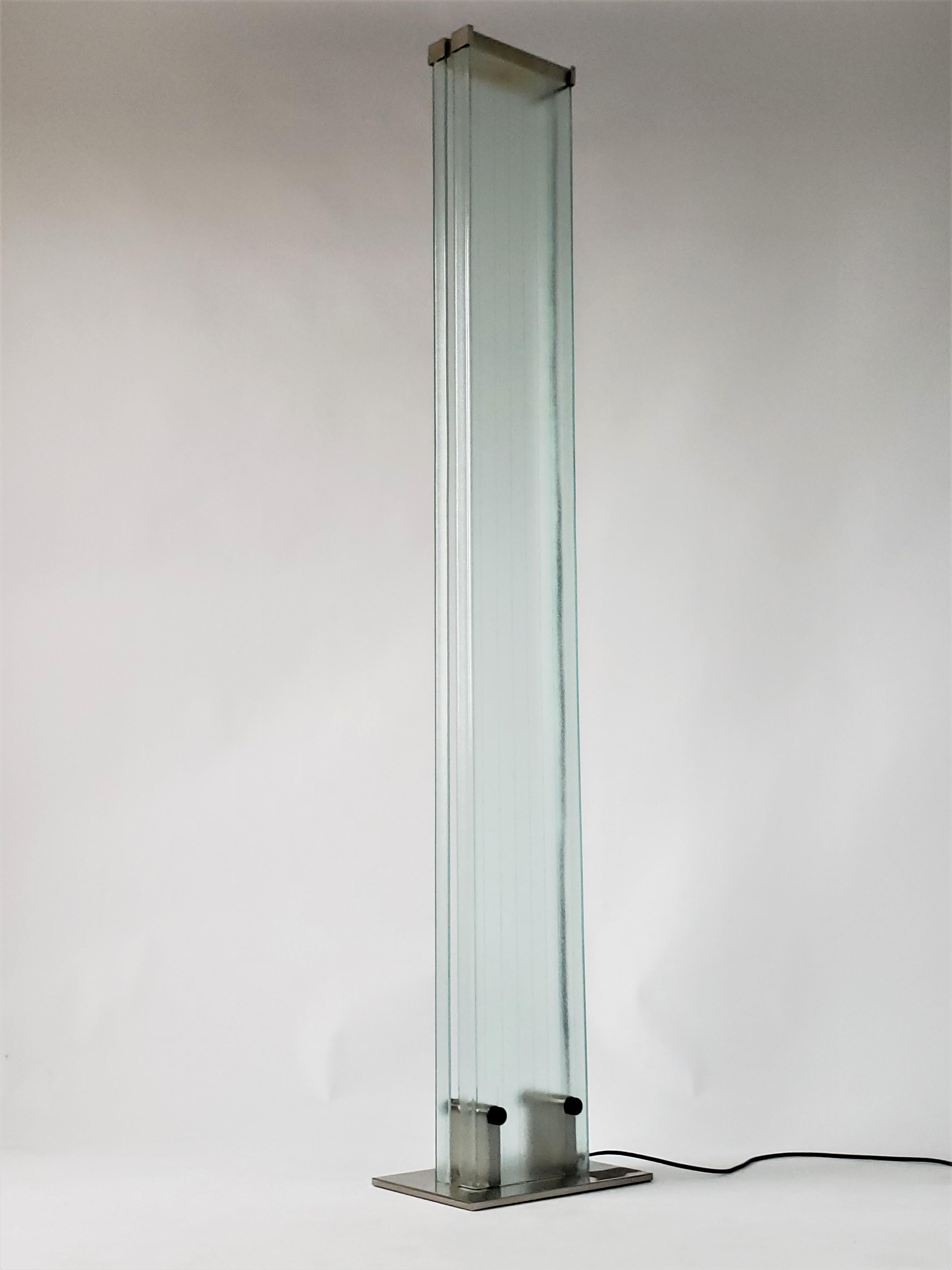 Stainless Steel Signed Stilnovo Tall Halogen Glass Uplighter Floor Lamp, 1980, Italy For Sale