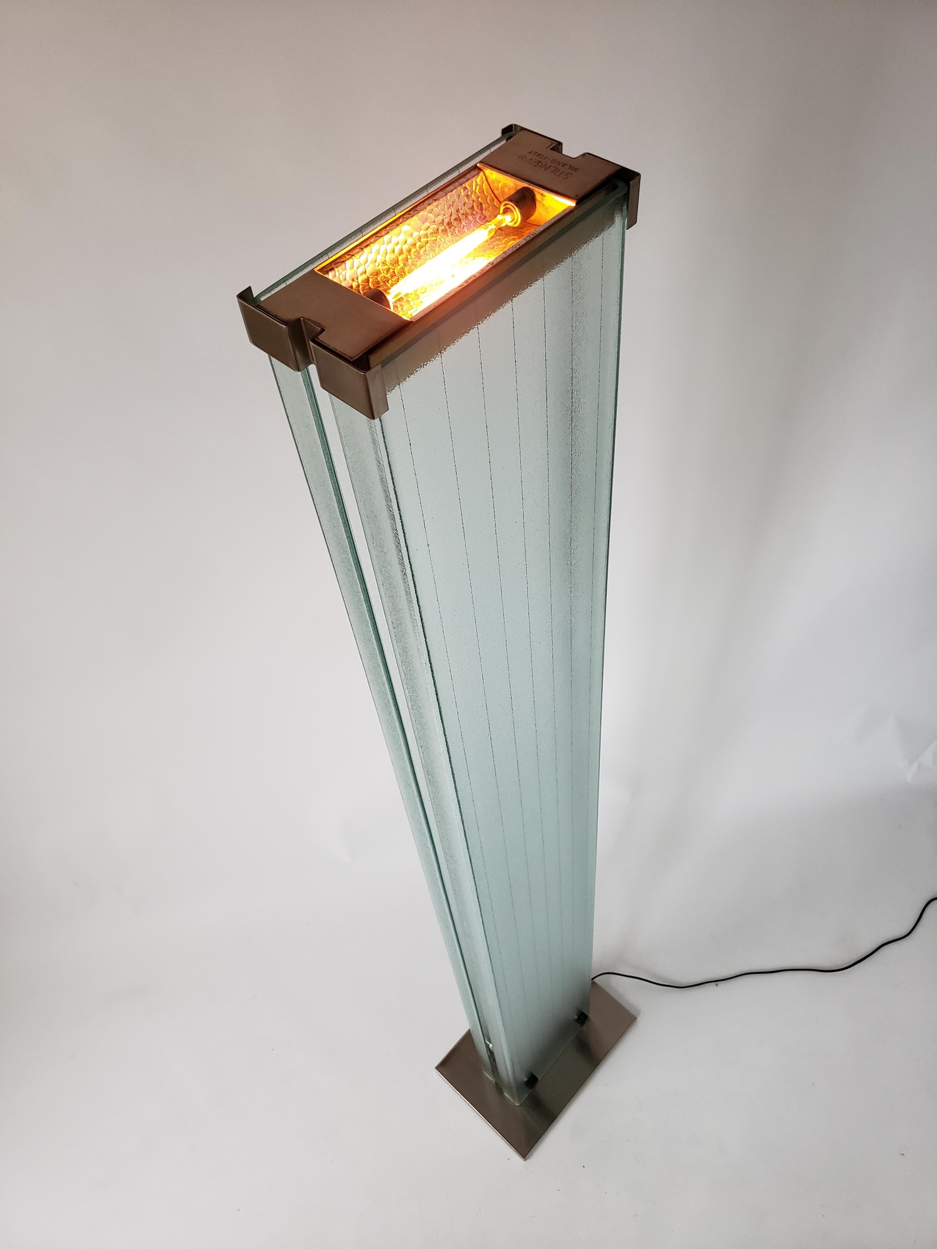 Modern Signed Stilnovo Tall Halogen Glass Uplighter Floor Lamp, 1980, Italy For Sale