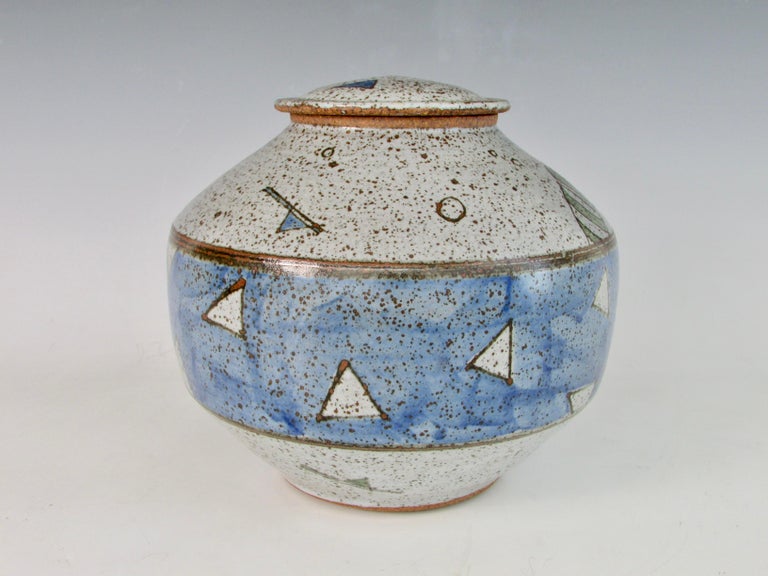 American Signed Stoneware Lidded Vessel by Ken Thompson For Sale