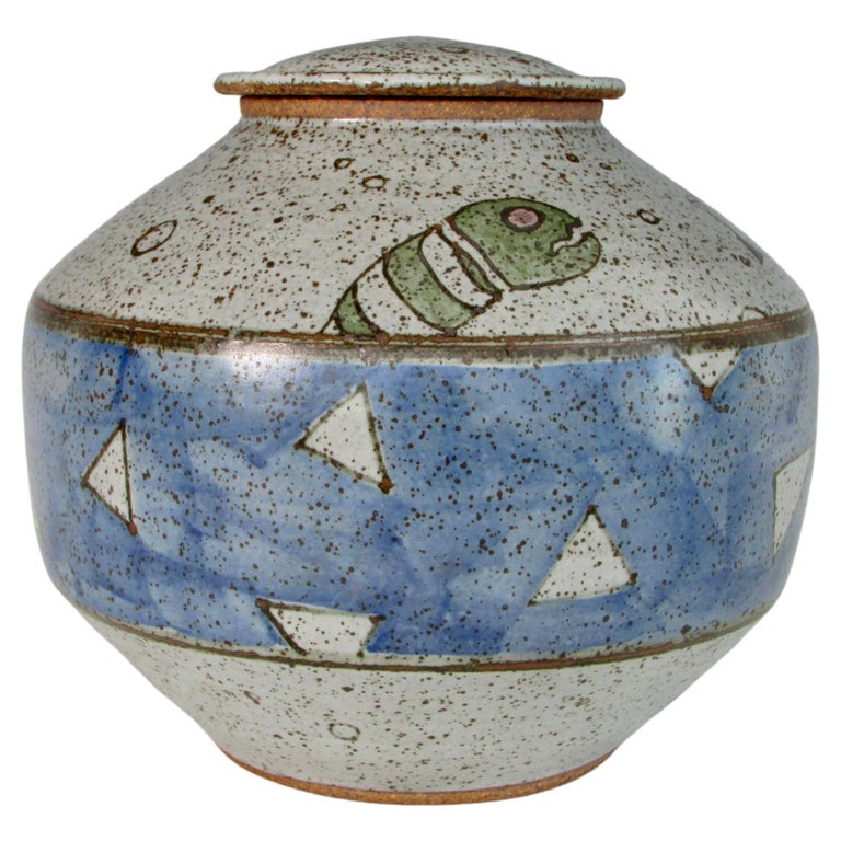 Signed Stoneware Lidded Vessel by Ken Thompson For Sale
