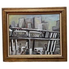 Vintage Signed Stuart Ross Subway Scene Painting