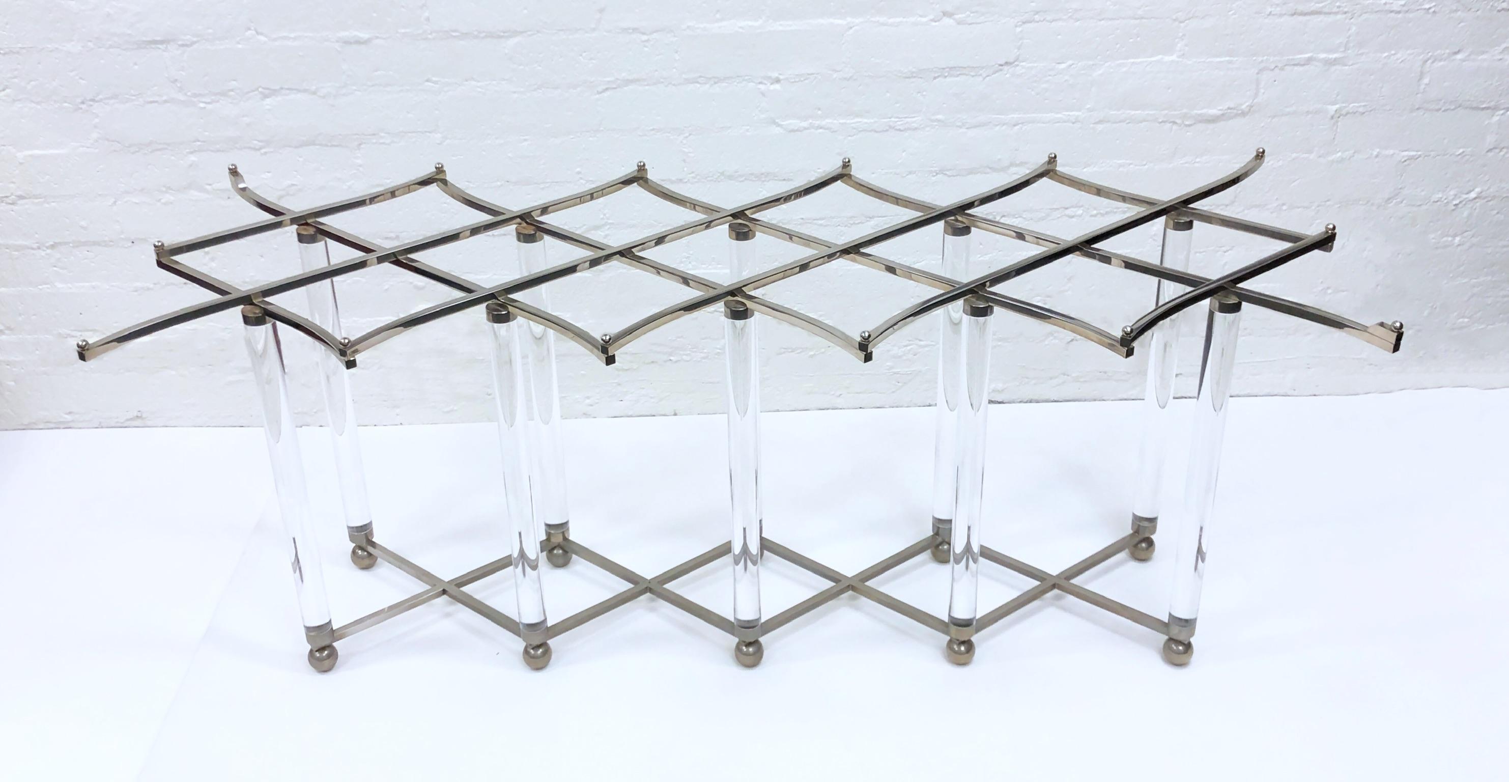 1970’s studio ‘Lattice’ dining table by American renowned designer Charles Hollis Jones.
Charles only made one that is this size. This is a one of a kind. 
The table is signed by CHJ. Constructed of clear acrylic and polished nickel. 
The acrylic