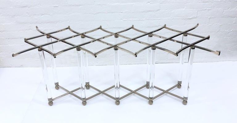 1970’s studio ‘Lattice’ dining table by American renowned designer Charles Hollis Jones.
Charles only made one that is this size. This is a one of a kind. 
The table is signed by CHJ. Constructed of clear acrylic and polished nickel. 
The acrylic