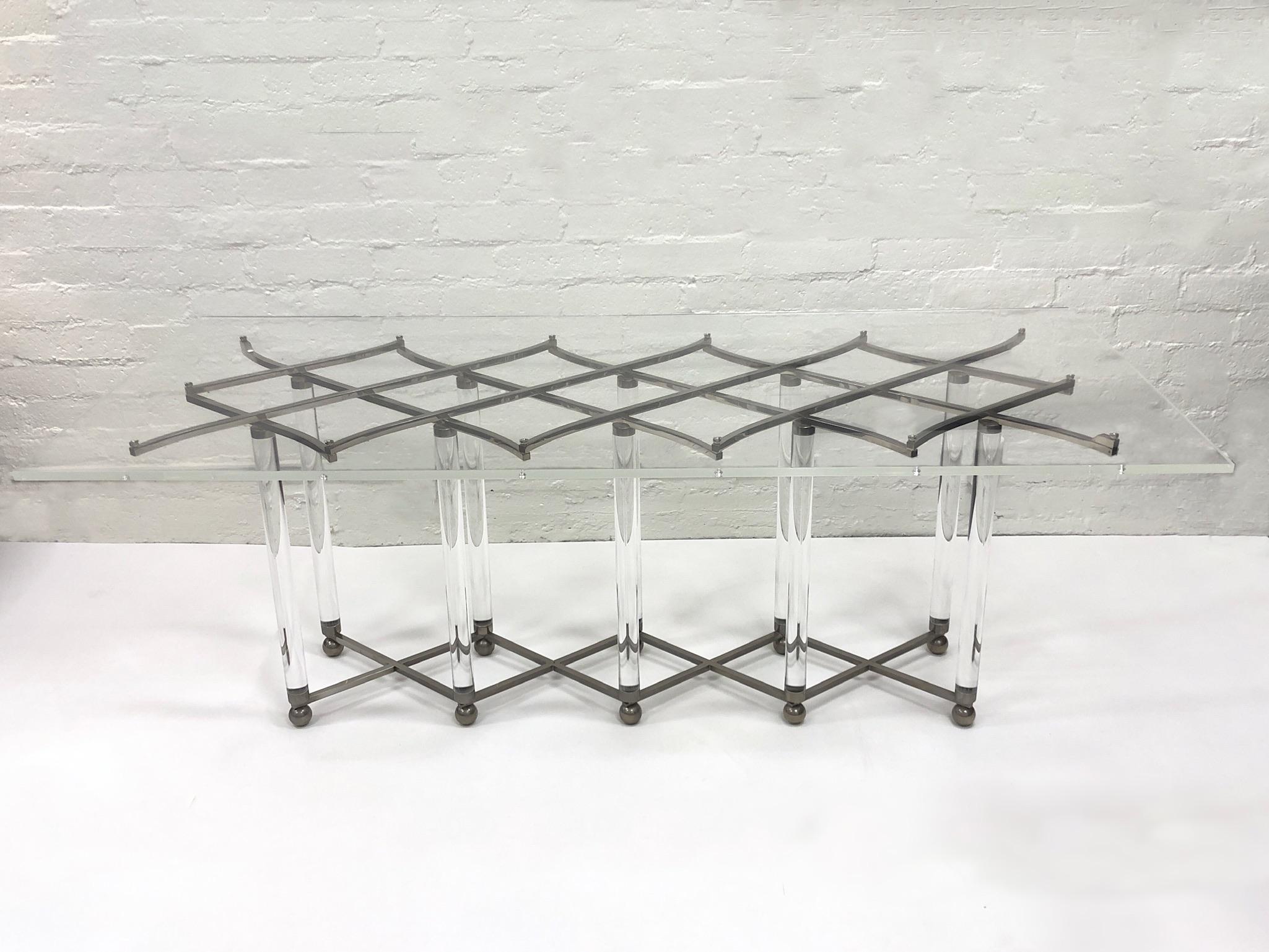 American Signed Studio Lucite and Nickel ‘Lattice’ Dining Table by Charles Hollis Jones For Sale