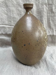 Signed Studio Pottery Bottle Vase with Sgraffito Leaf Motif
