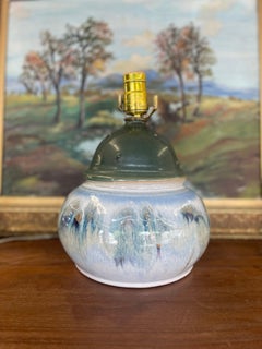 Signed Studio Pottery Ceramic Table Lamp with Crystalline Glaze and Moss Green