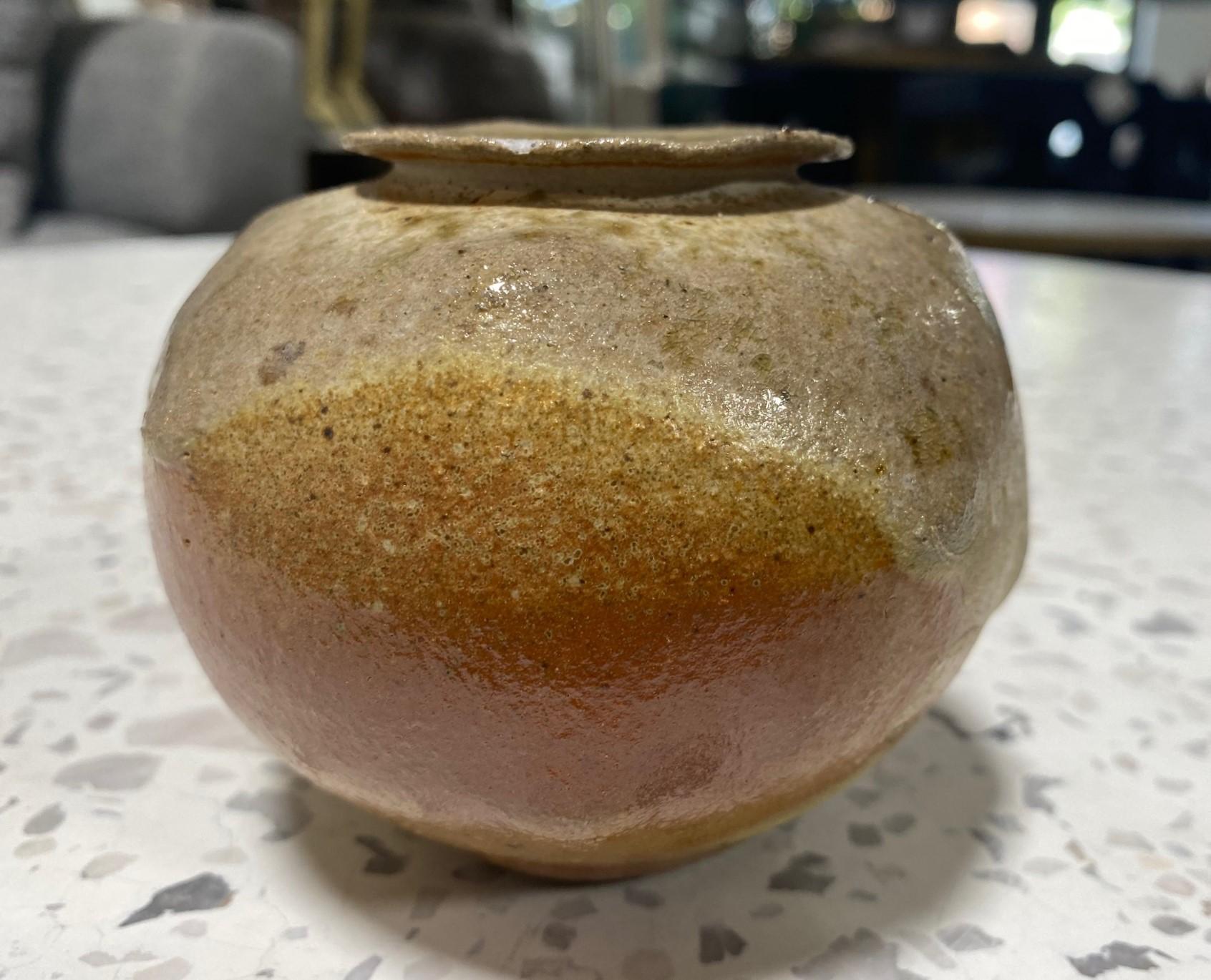 Folk Art Signed Studio Pottery Glazed Wabi-Sabi Art Vase Maybe Japanese Asian Bizen Ware For Sale