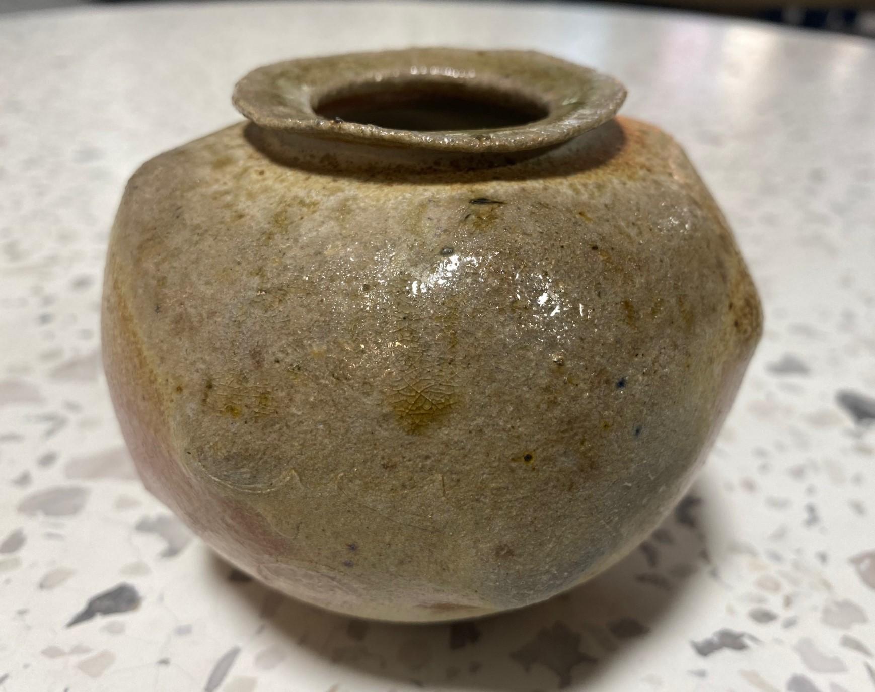 20th Century Signed Studio Pottery Glazed Wabi-Sabi Art Vase Maybe Japanese Asian Bizen Ware For Sale