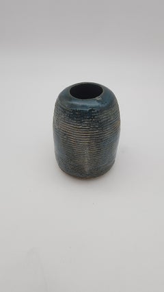 Signed Studio Pottery Match Striker Vessel with Blue Ribbed Glaze