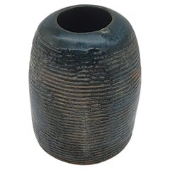Signed Studio Pottery Match Striker Vessel with Blue Ribbed Glaze
