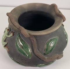 Signed Studio Pottery Vessel with Frog & Leaf Relief, Organic Ceramic Art Vase