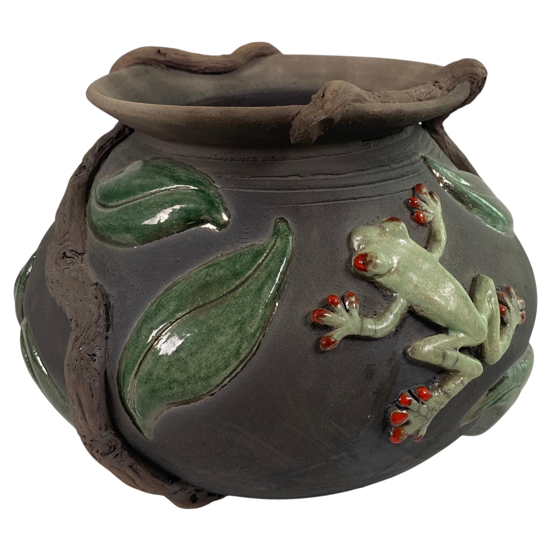 Signed Studio Pottery Vessel with Frog & Leaf Relief, Organic Ceramic Art Vase For Sale
