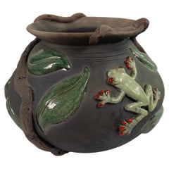 Signed Studio Pottery Vessel with Frog & Leaf Relief, Organic Ceramic Art Vase