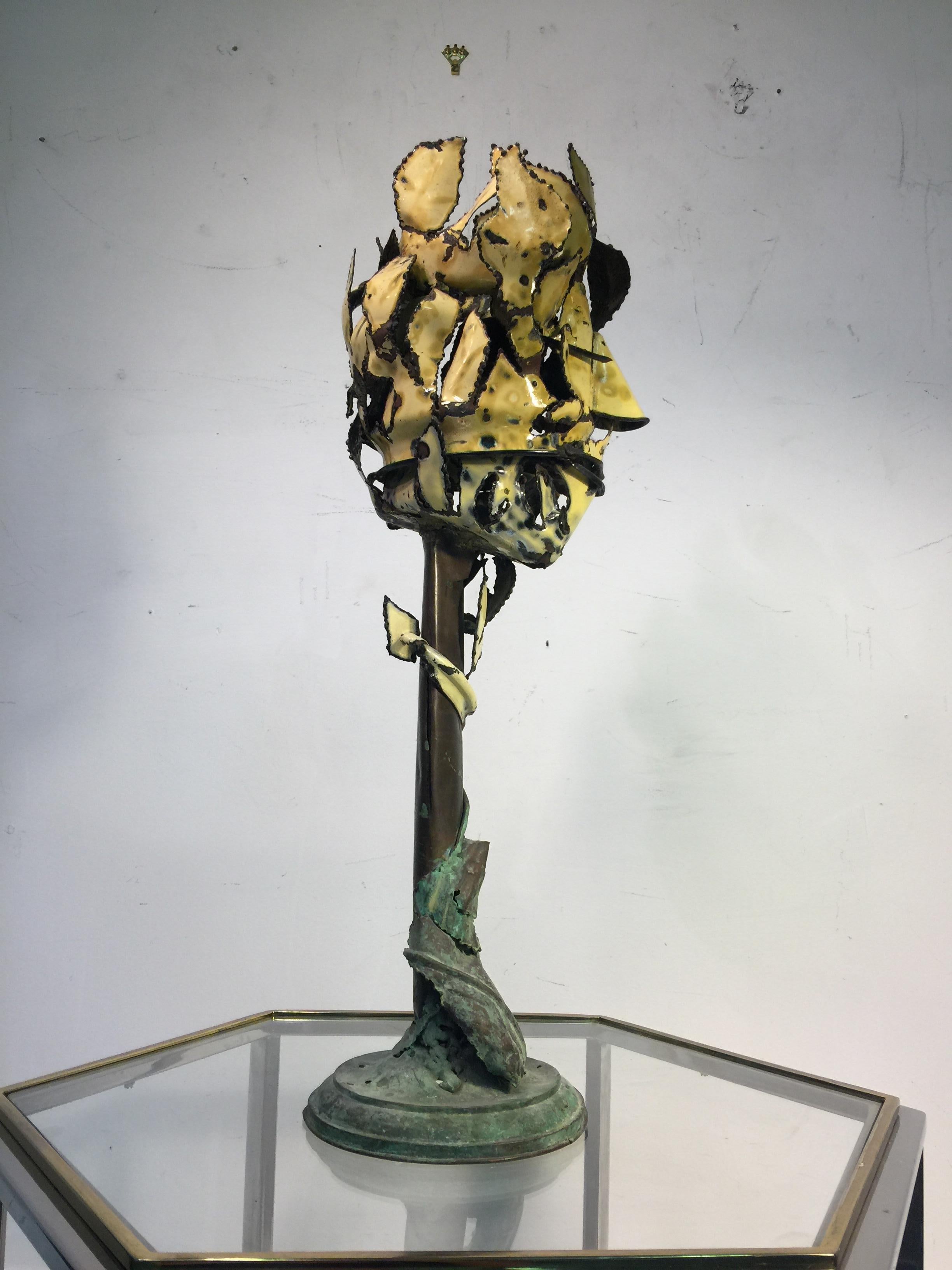 Signed Surrealist Enameled Metal Flower Form Head Sculpture For Sale 4