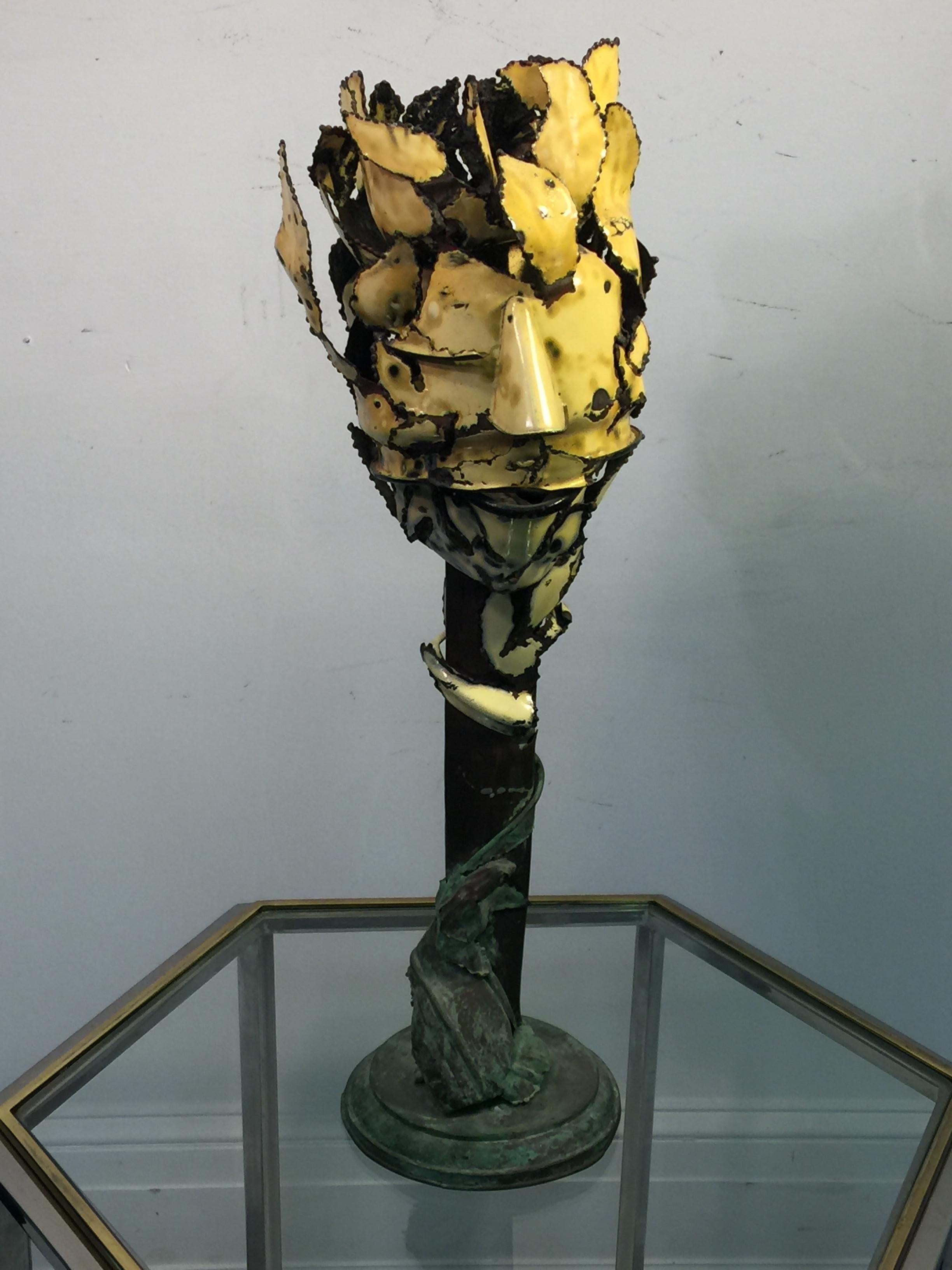 Organic Modern Signed Surrealist Enameled Metal Flower Form Head Sculpture For Sale
