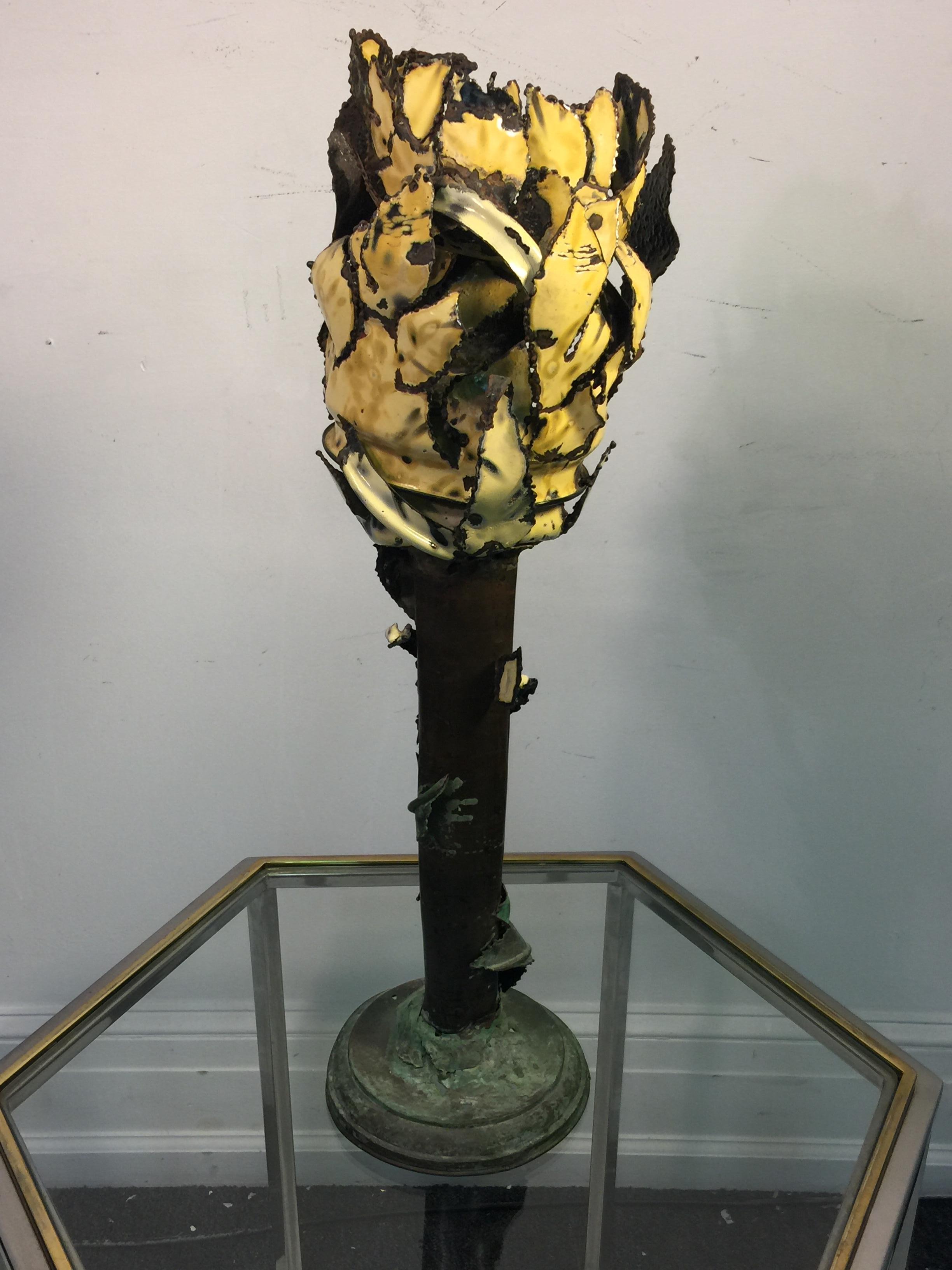 Signed Surrealist Enameled Metal Flower Form Head Sculpture In Excellent Condition For Sale In Allentown, PA