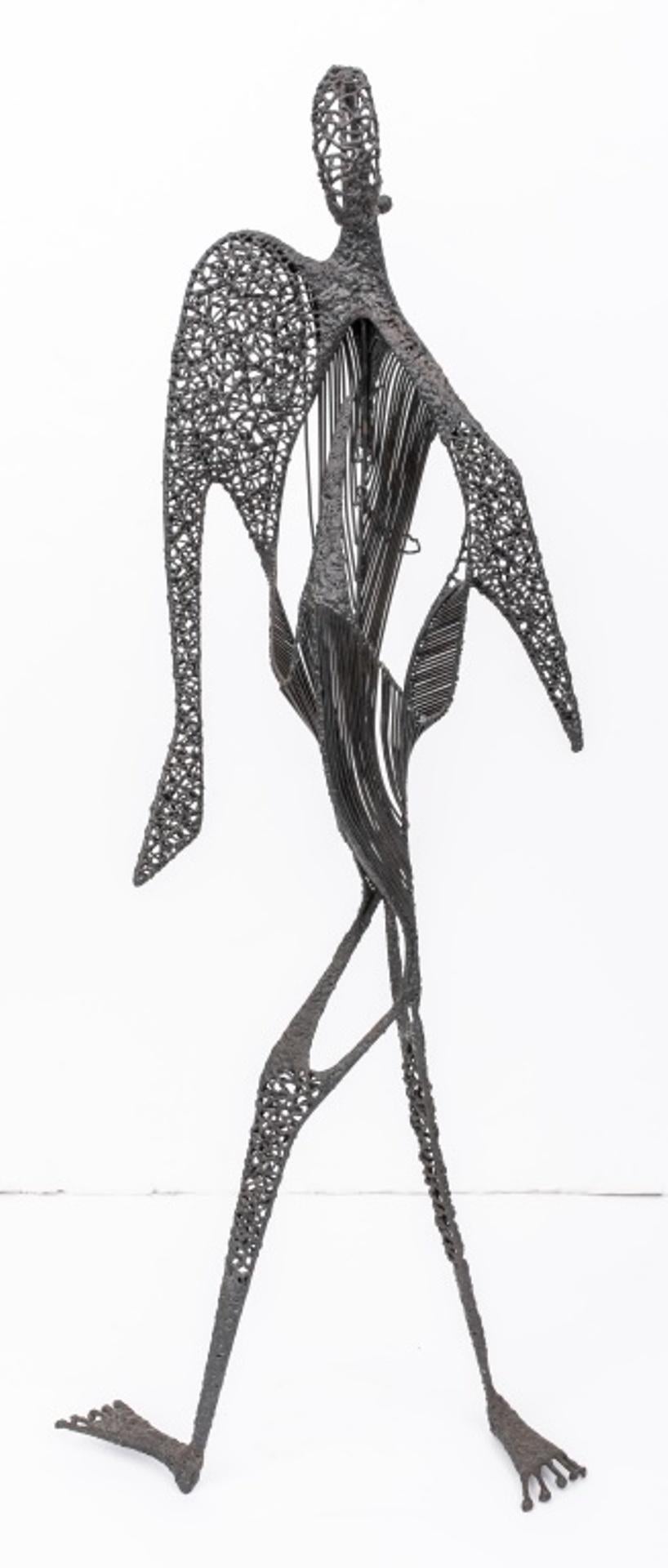 Surrealist abstracted human figure or avian creature metal sculpture, illegibly signed to underside. 39.25