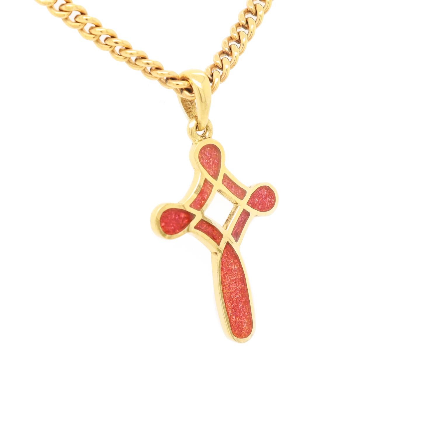Croce con ciondolo firmato Susy Mor in oro 18 carati e arancio rosso In condizioni buone in vendita a Philadelphia, PA
