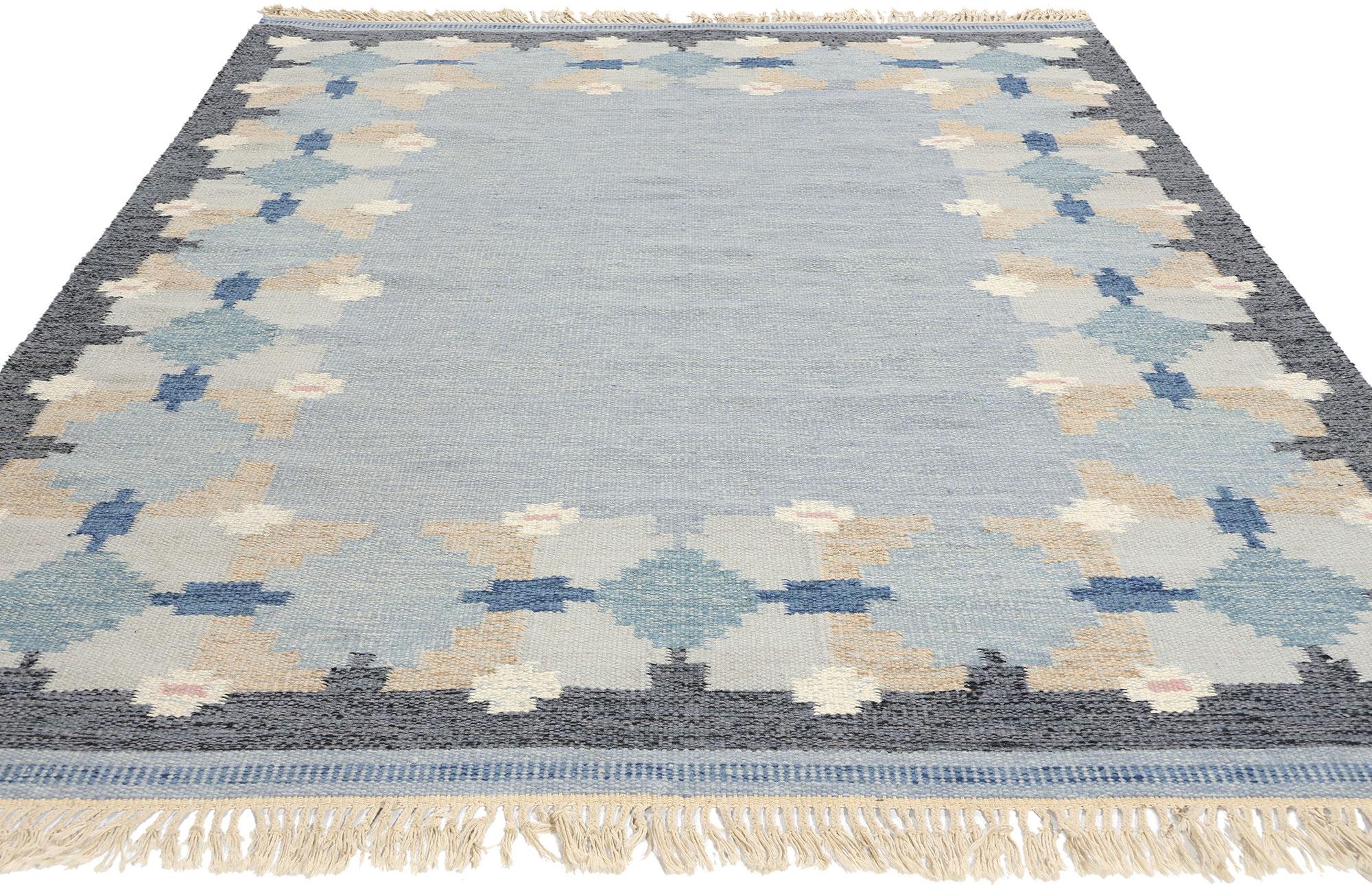 Scandinavian Modern Signed Svenska Blå Hemslöjd Vintage Blue Swedish Rollakan, 05'06 x 07'10 For Sale