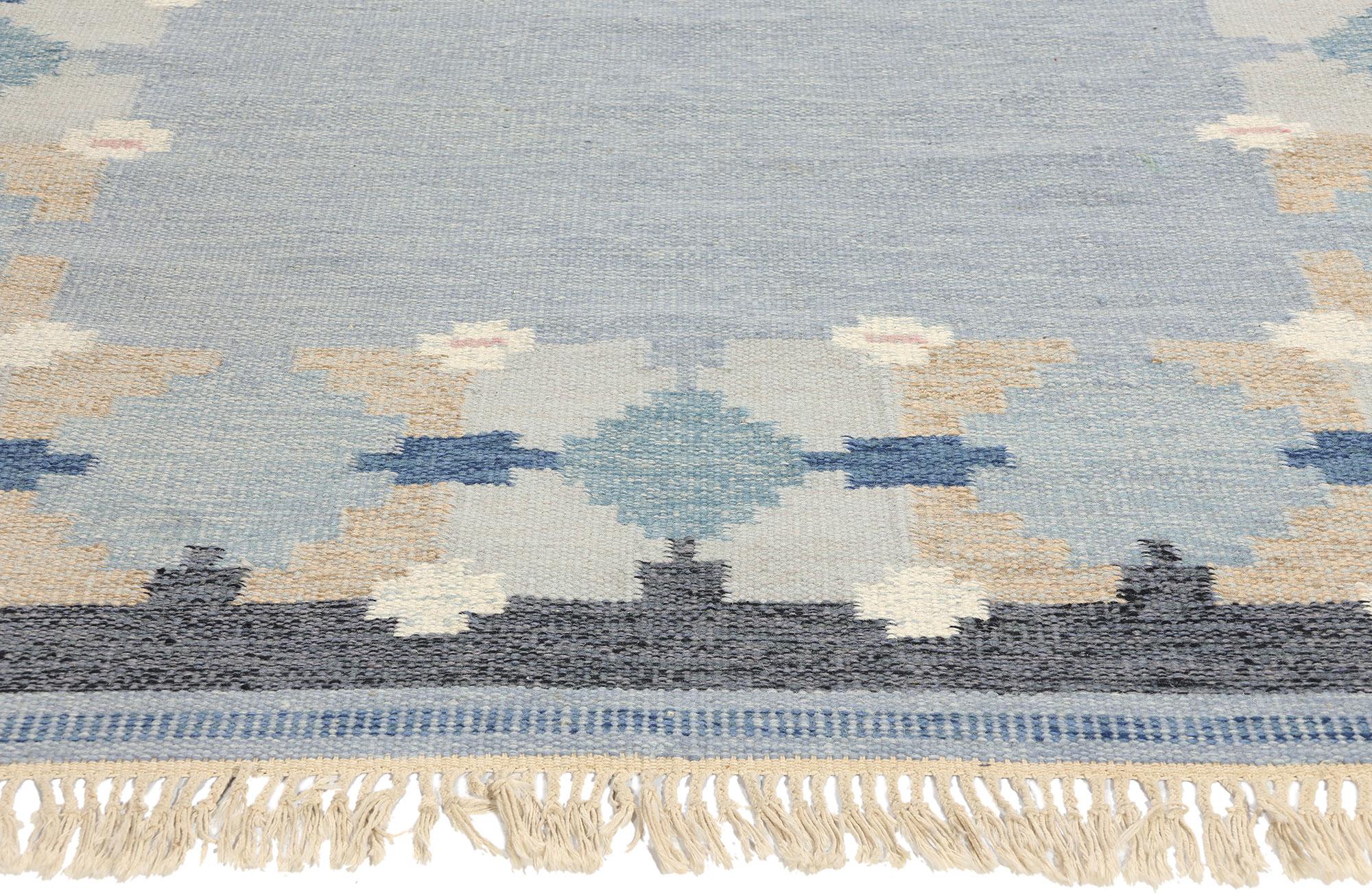 Hand-Woven Signed Svenska Blå Hemslöjd Vintage Blue Swedish Rollakan, 05'06 x 07'10 For Sale