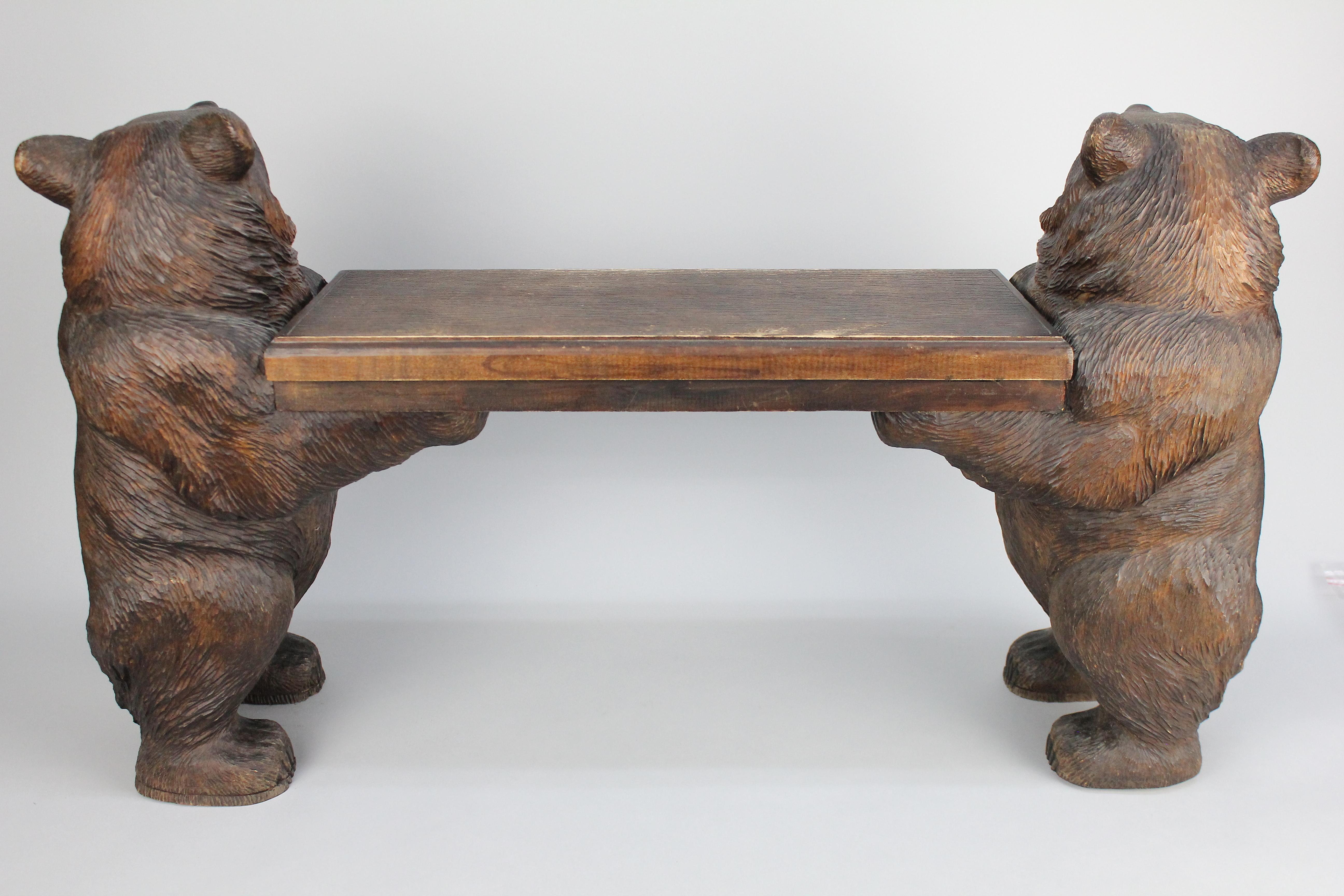 Signed Swiss Black Forest Bear Bench or Stool, 1914 1