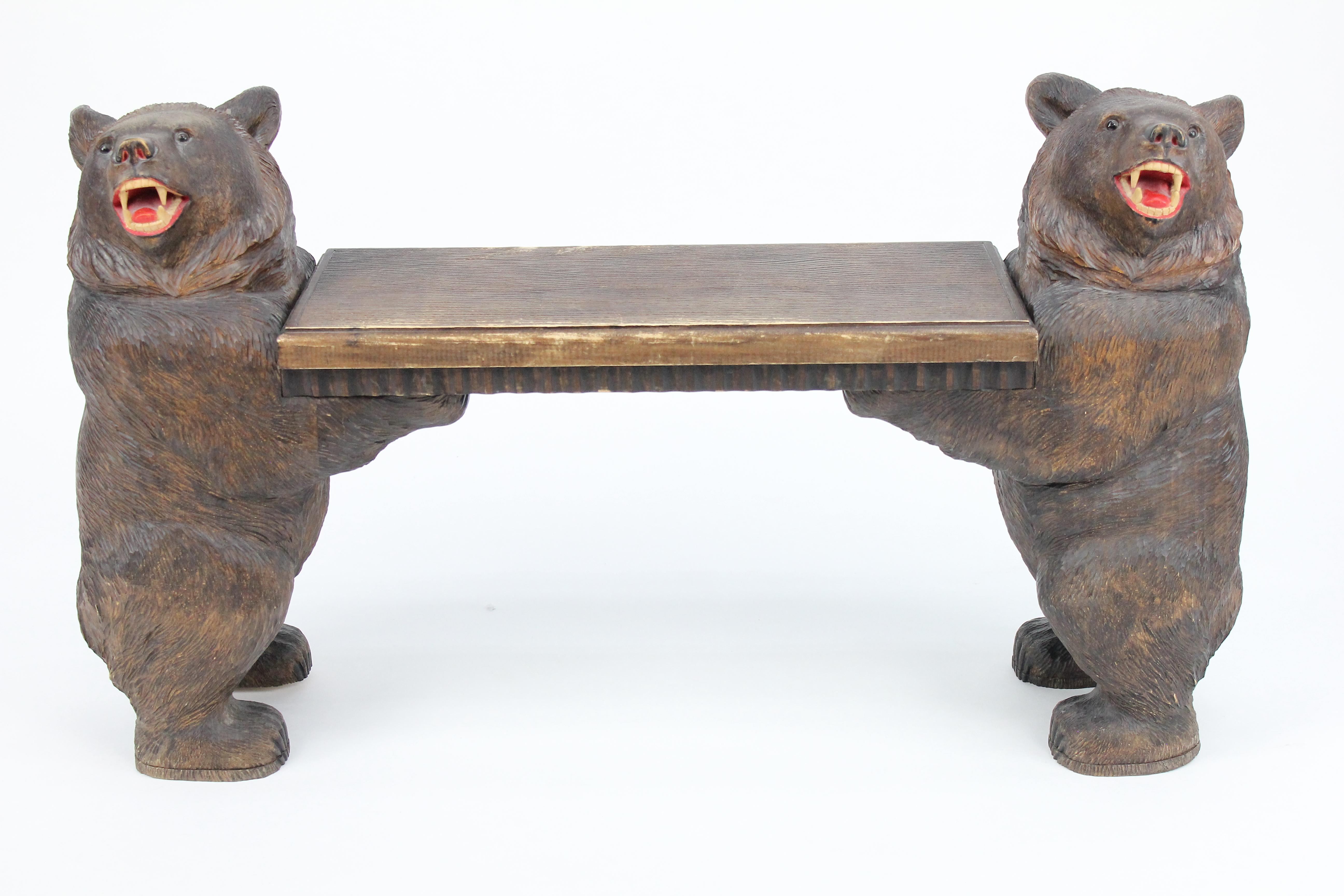 Signed Swiss Black Forest Bear Bench or Stool, 1914 10