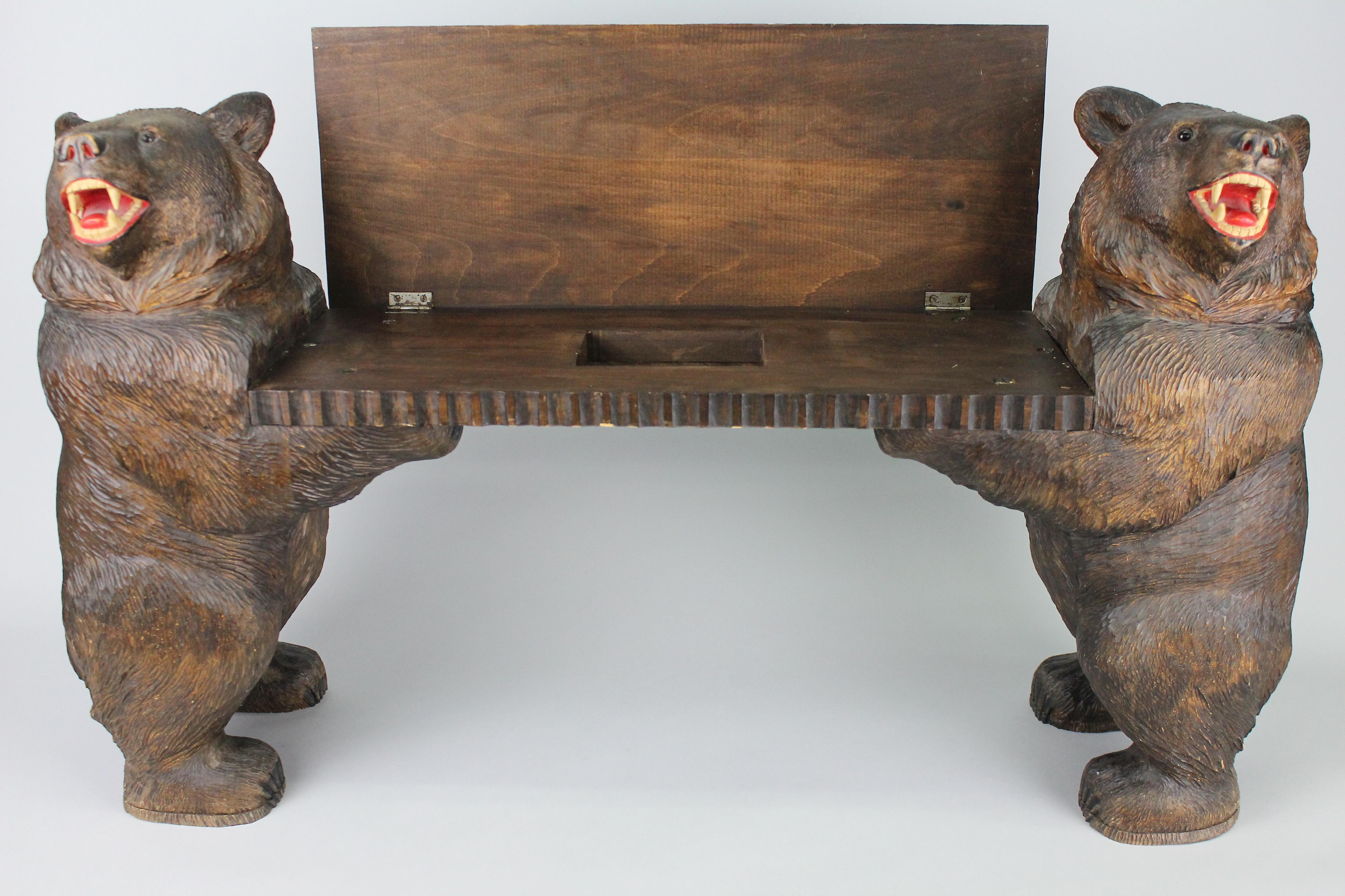 Early 20th Century Signed Swiss Black Forest Bear Bench or Stool, 1914