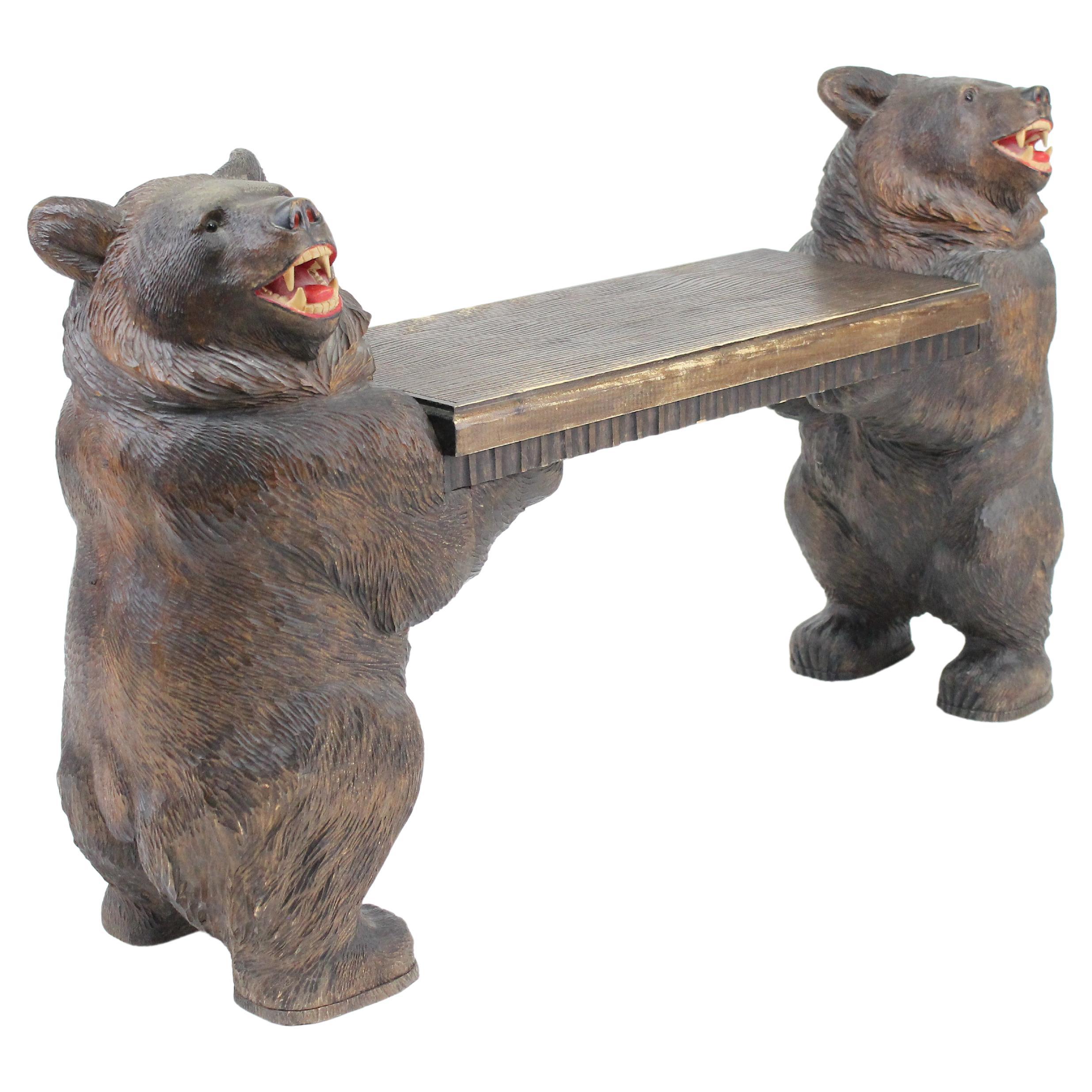 Signed Swiss Black Forest Bear Bench or Stool, 1914