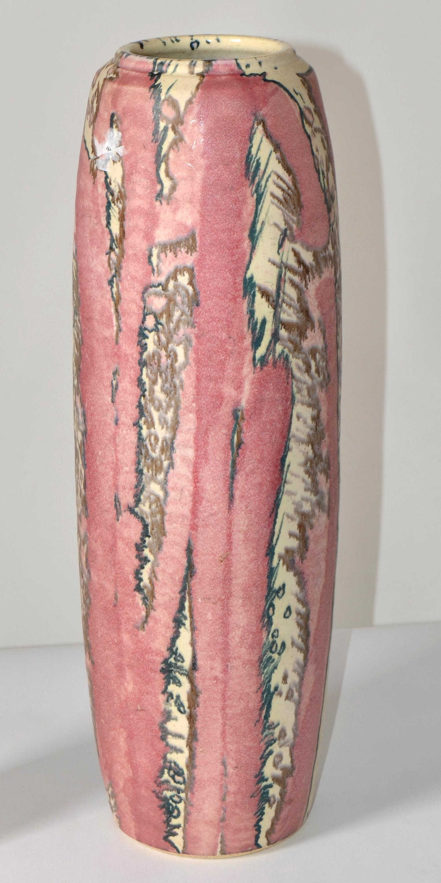 Signed Tall Incised Glazed Ceramic Studio Piece Pink Vase Mid-Century Modern 70s For Sale 10