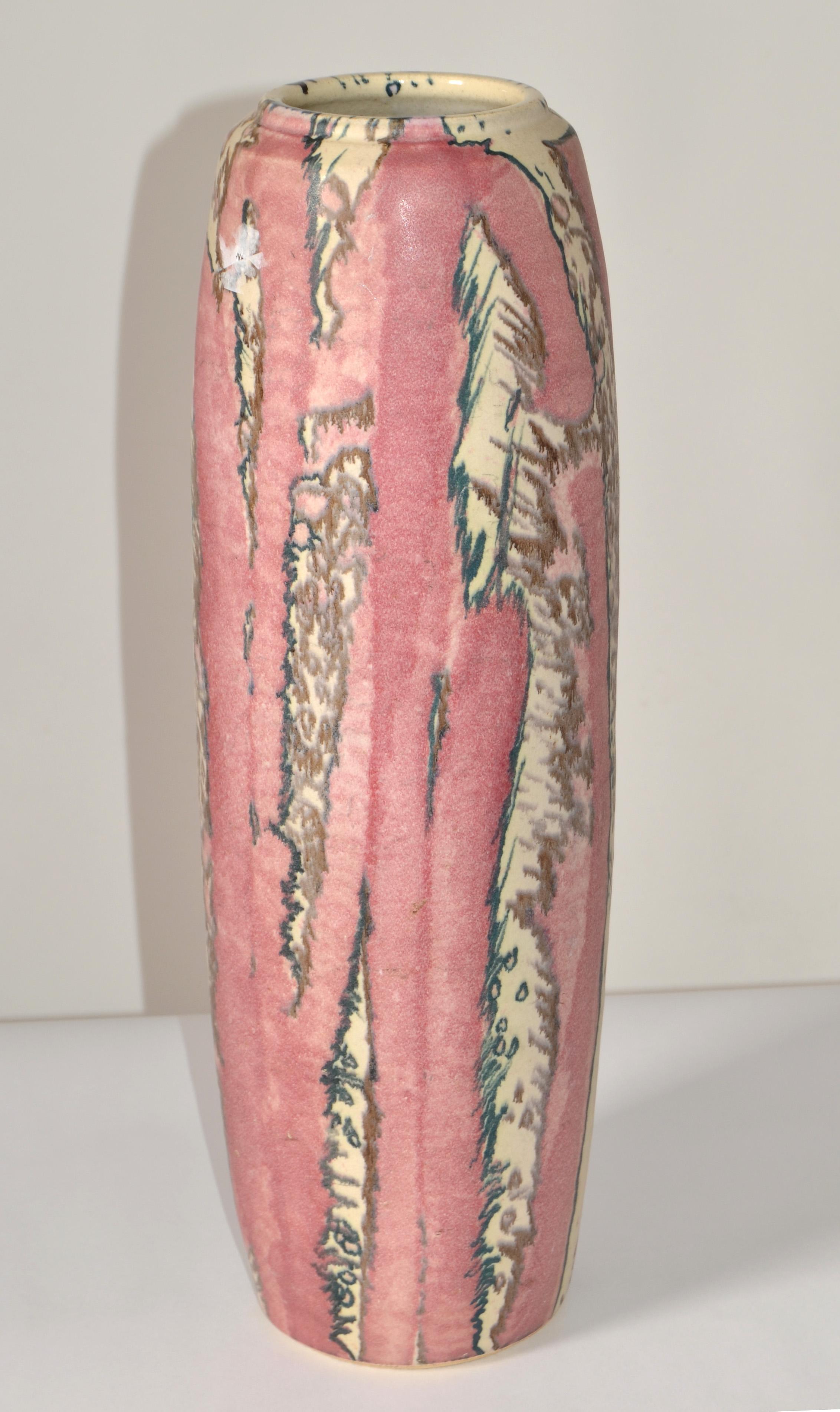 American Signed Tall Incised Glazed Ceramic Studio Piece Pink Vase Mid-Century Modern 70s For Sale